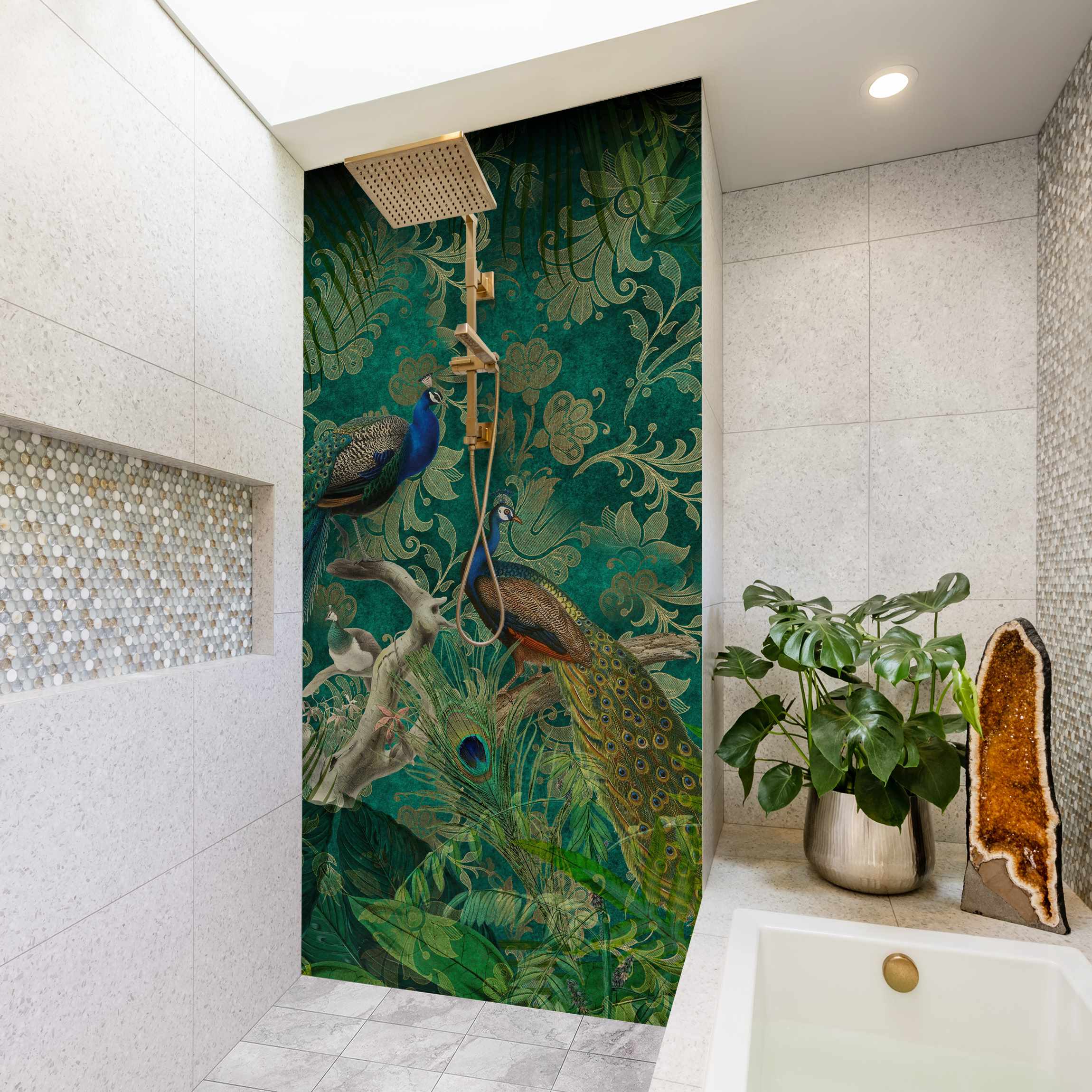 Duschrückwand Shabby Chic Collage - Edler Pfau II