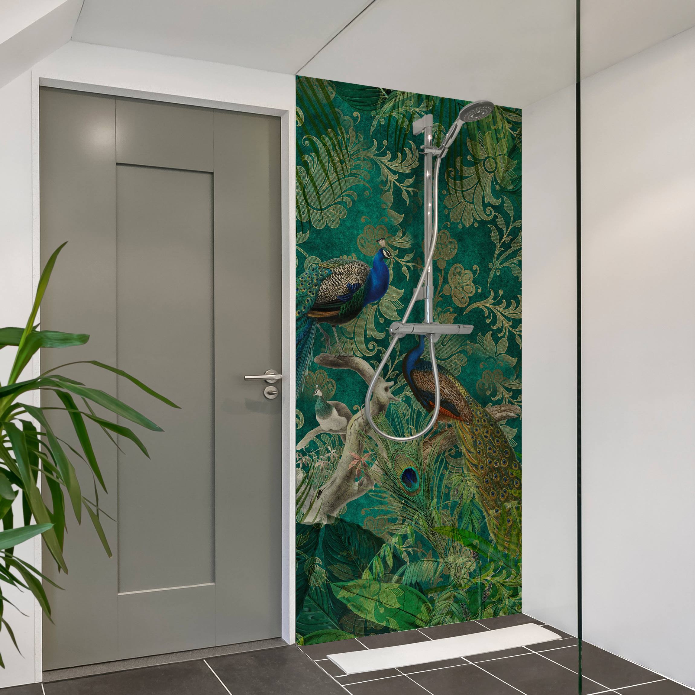 Duschrückwand Shabby Chic Collage - Edler Pfau II