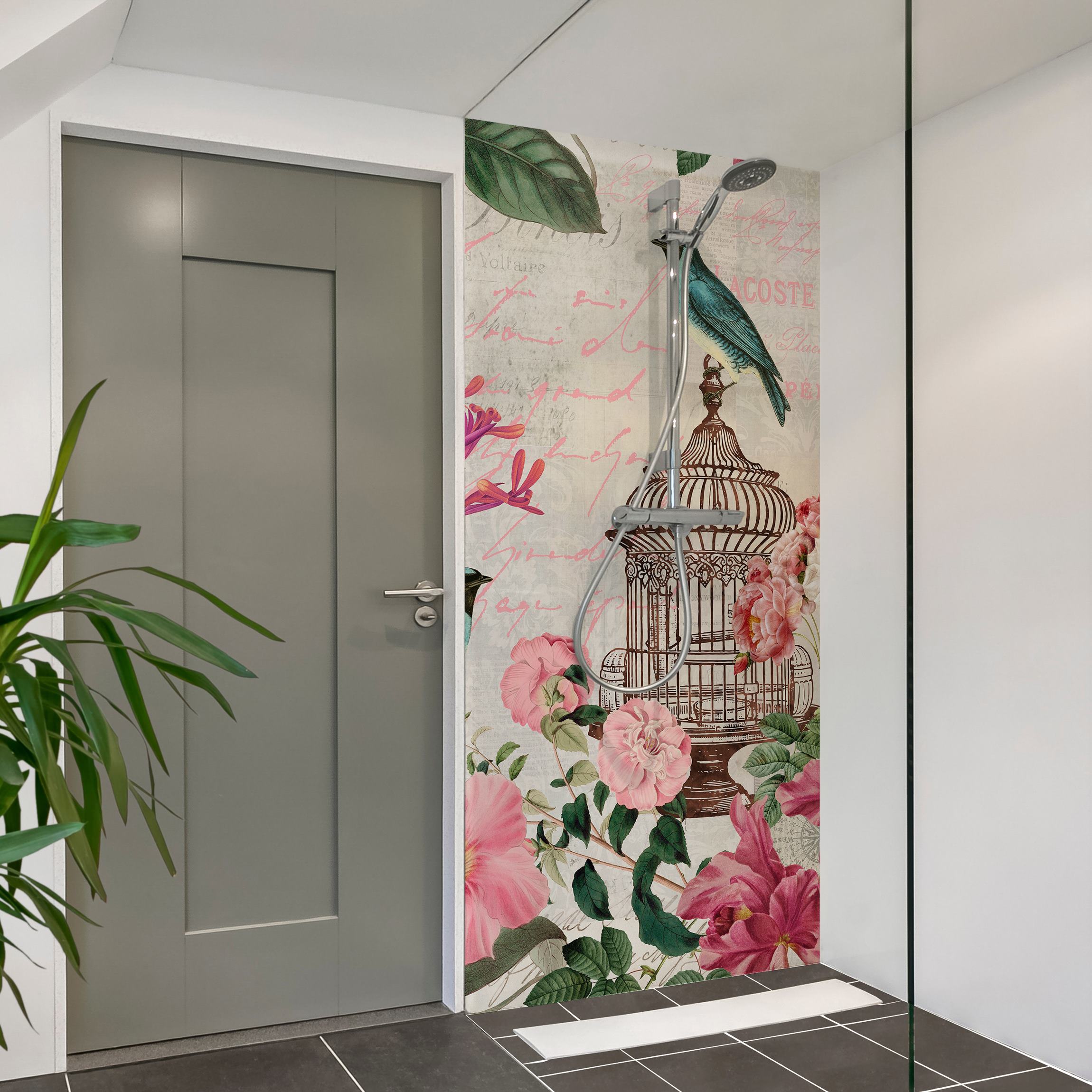 Duschrückwand Shabby Chic Collage - Rosa Blüten und blaue Vögel