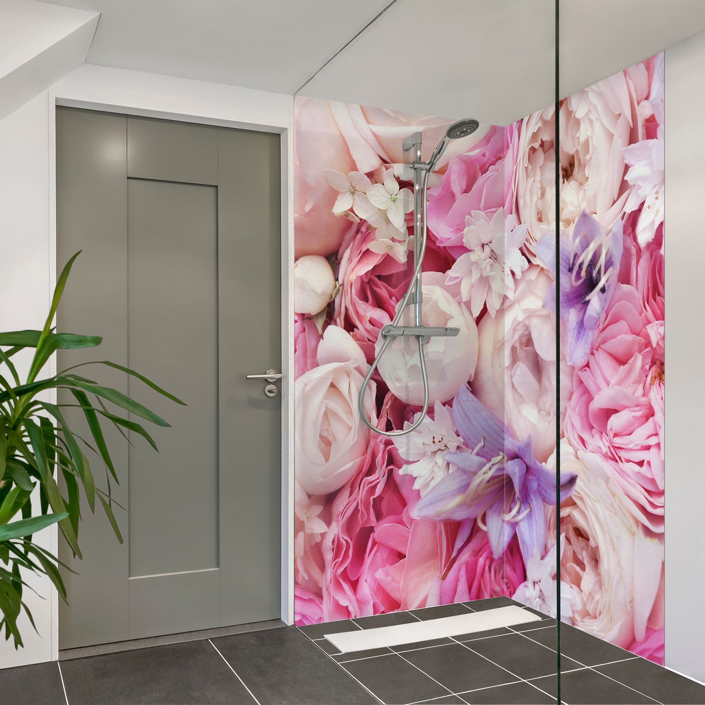 Duschrückwand Shabby Rosen mit Glockenblumen