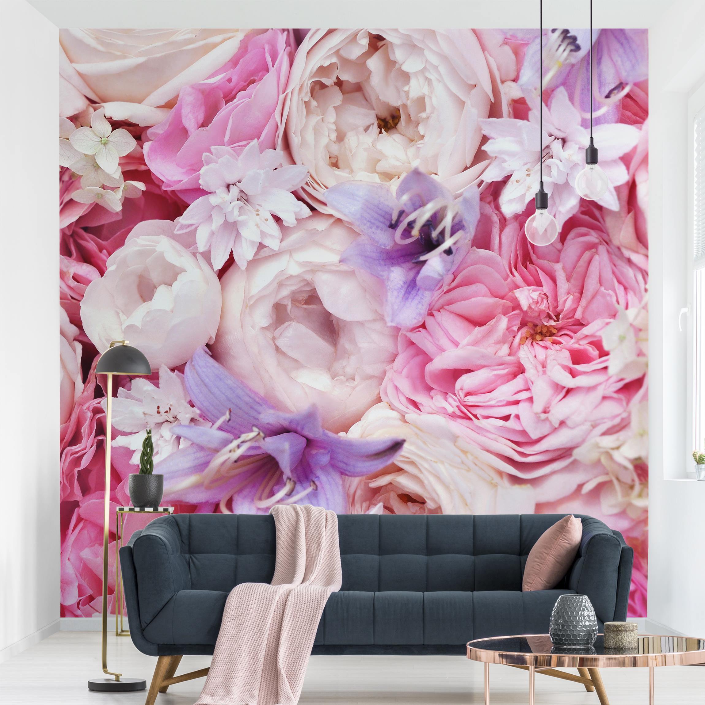 Fototapete Shabby Rosen mit Glockenblumen