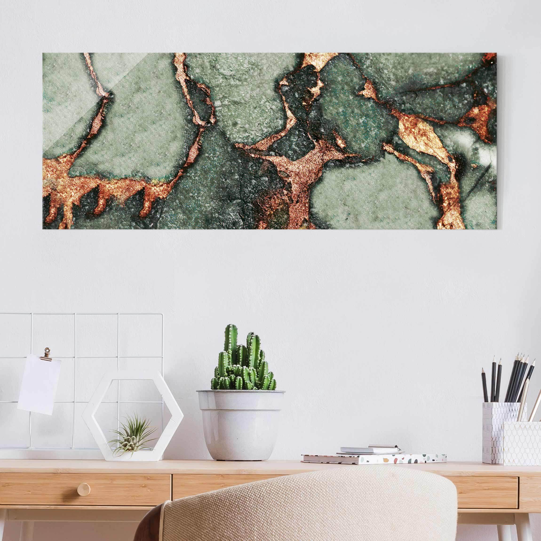 Glasbild Spiel der Farben Farngrün und Gold