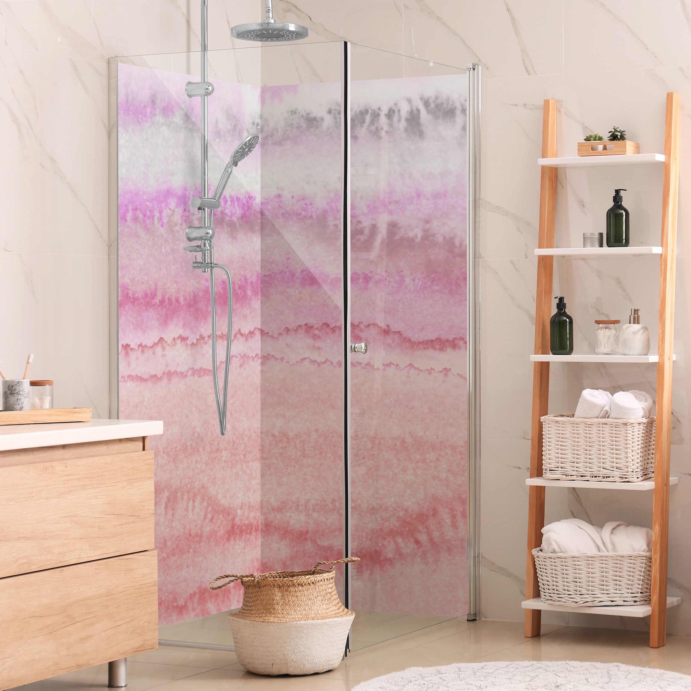 Duschrückwand Spiel der Farben in Pink