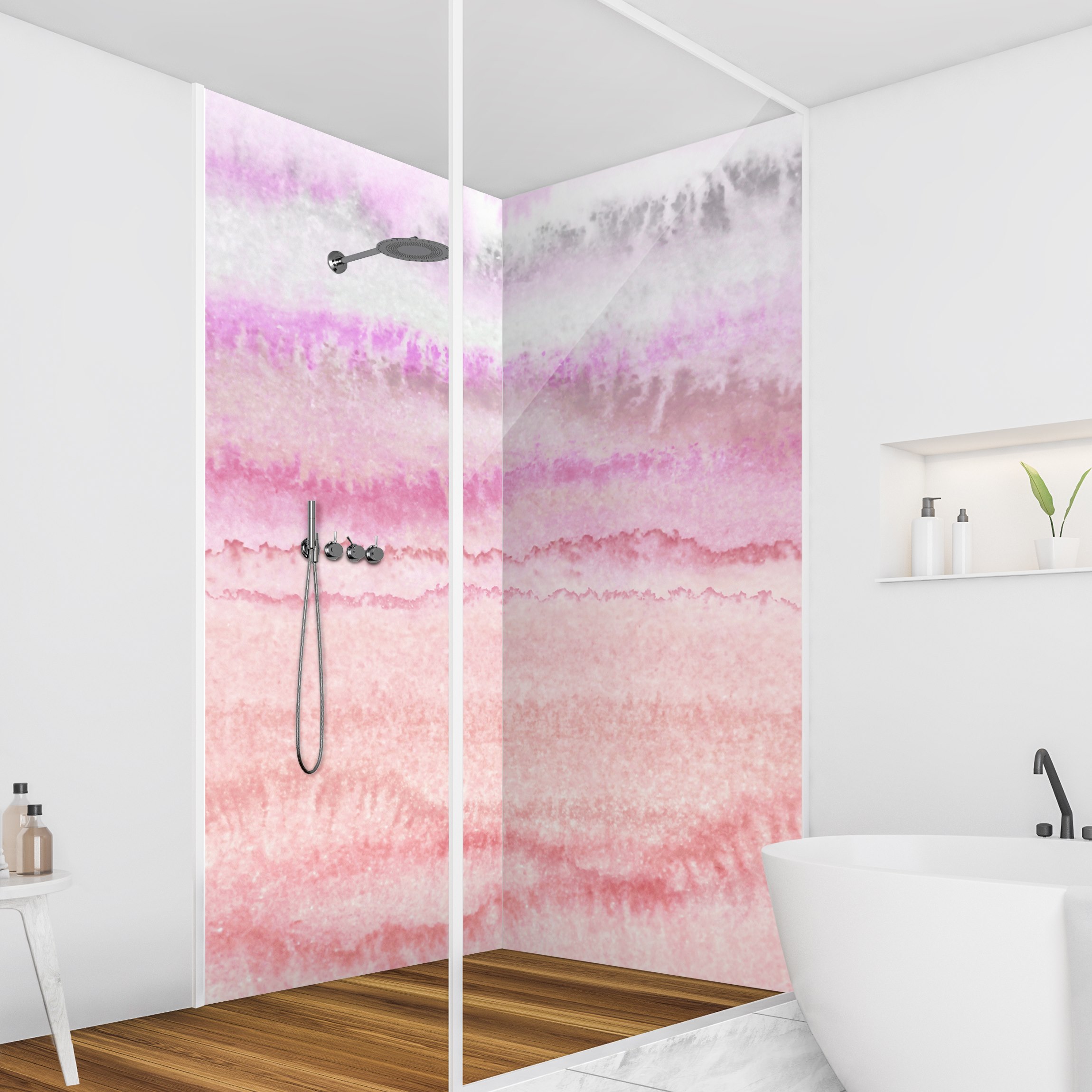 Duschrückwand Spiel der Farben in Pink