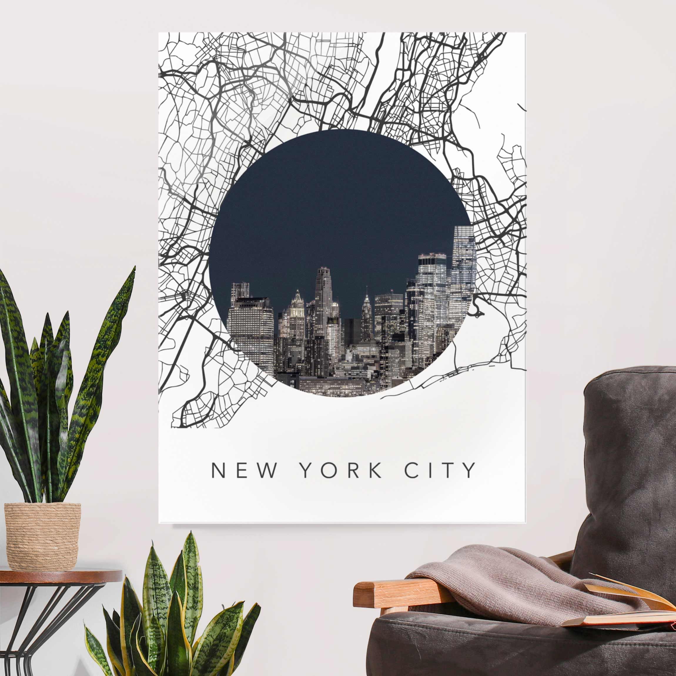 Glasbild Stadtplan Collage New York City