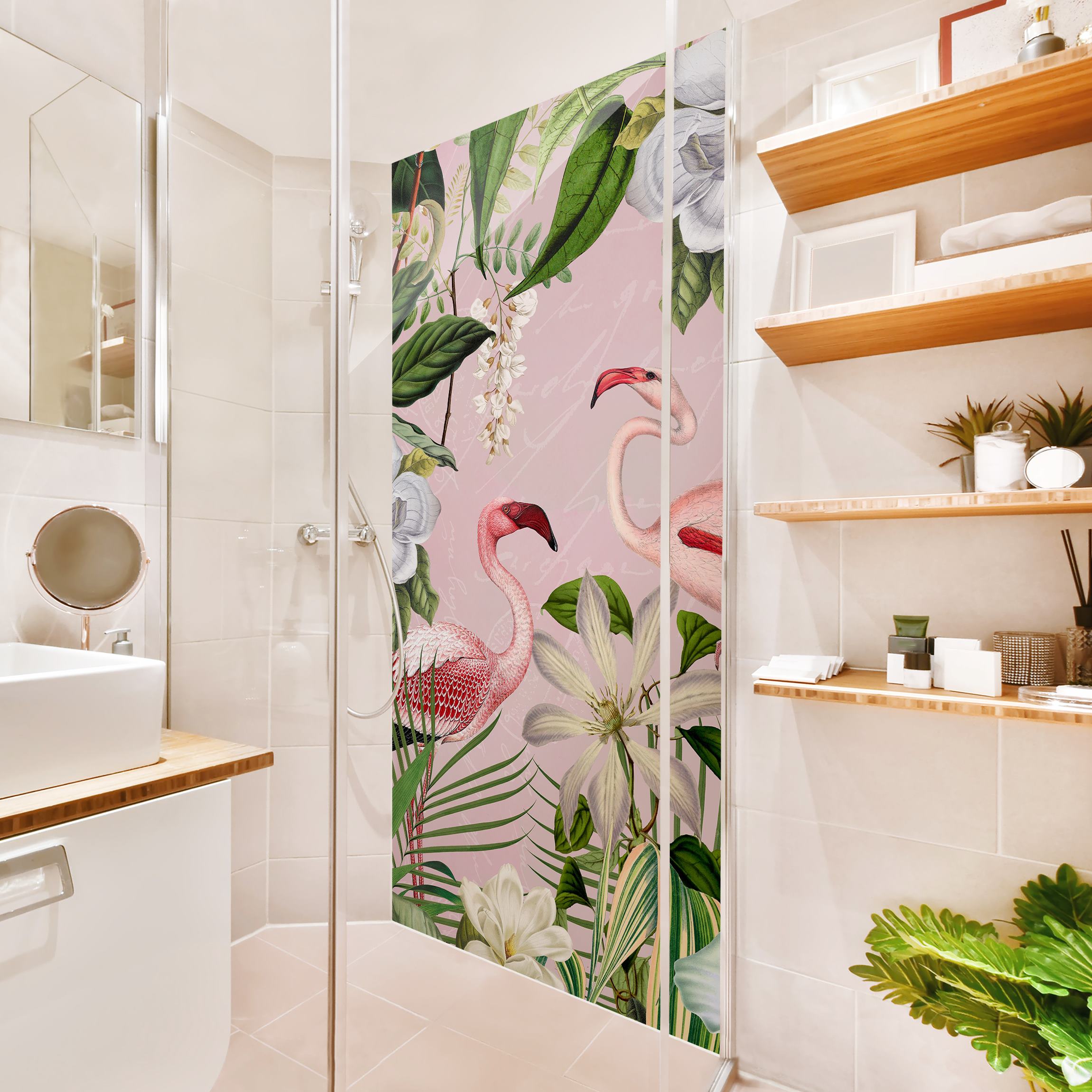 Duschrückwand Tropische Flamingos mit Pflanzen in Rosa