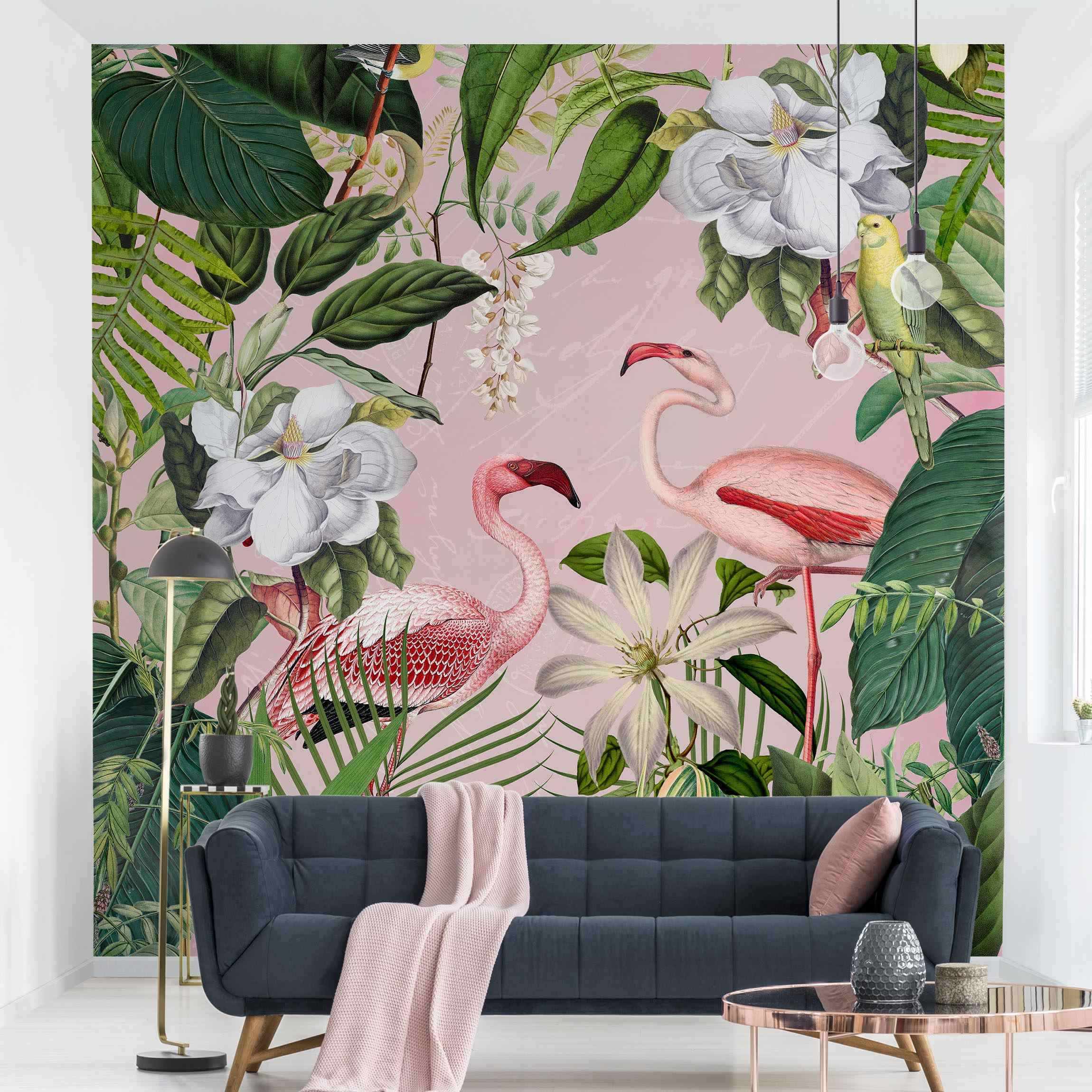 Fototapete Tropische Flamingos mit Pflanzen in Rosa
