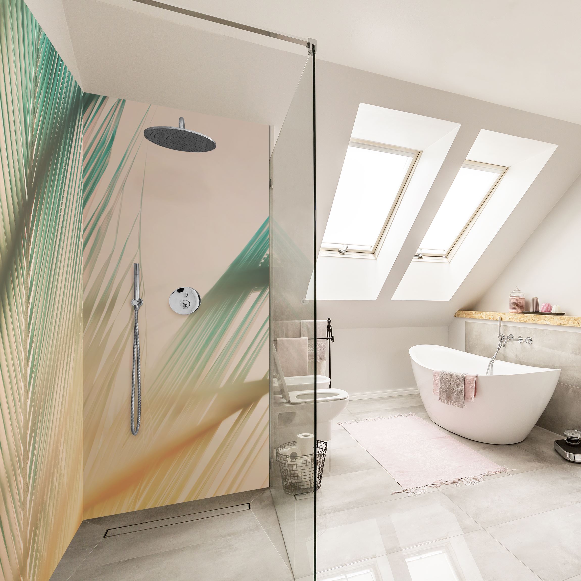 Duschrückwand Tropische Pflanzen Palmen bei Sonnenuntergang II