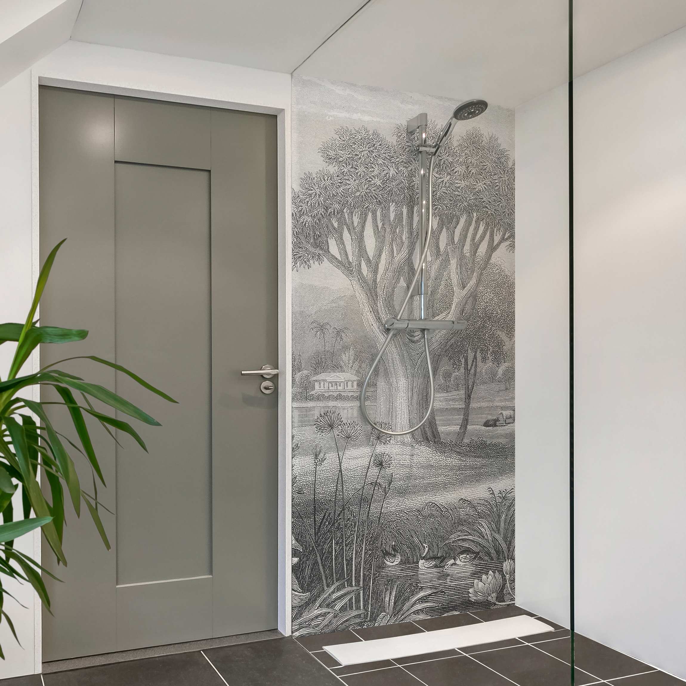 Duschrückwand Tropischer Kupferstich Garten mit Teich in Grau