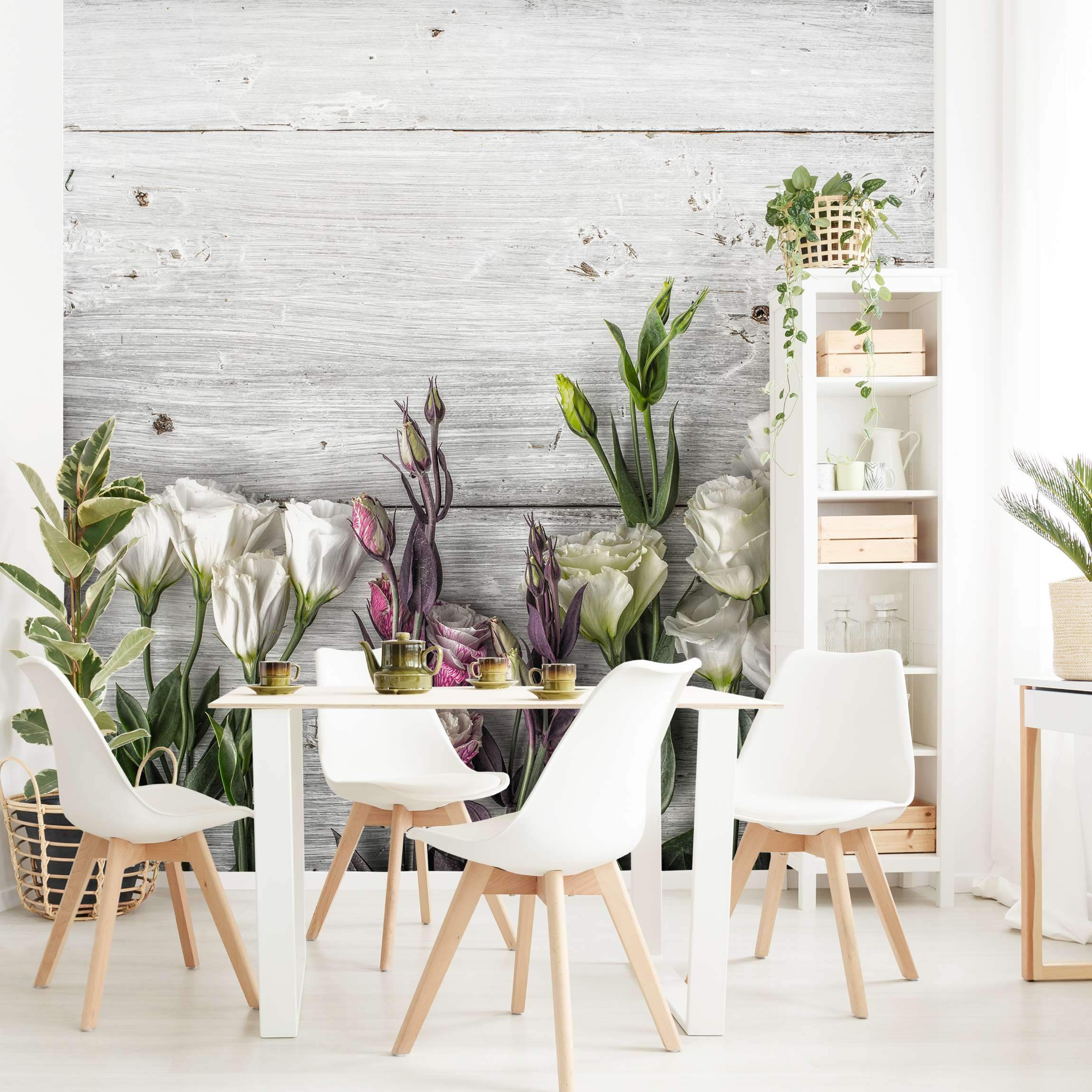 Fototapete Blumen Tulpen-Rose Shabby Holzoptik