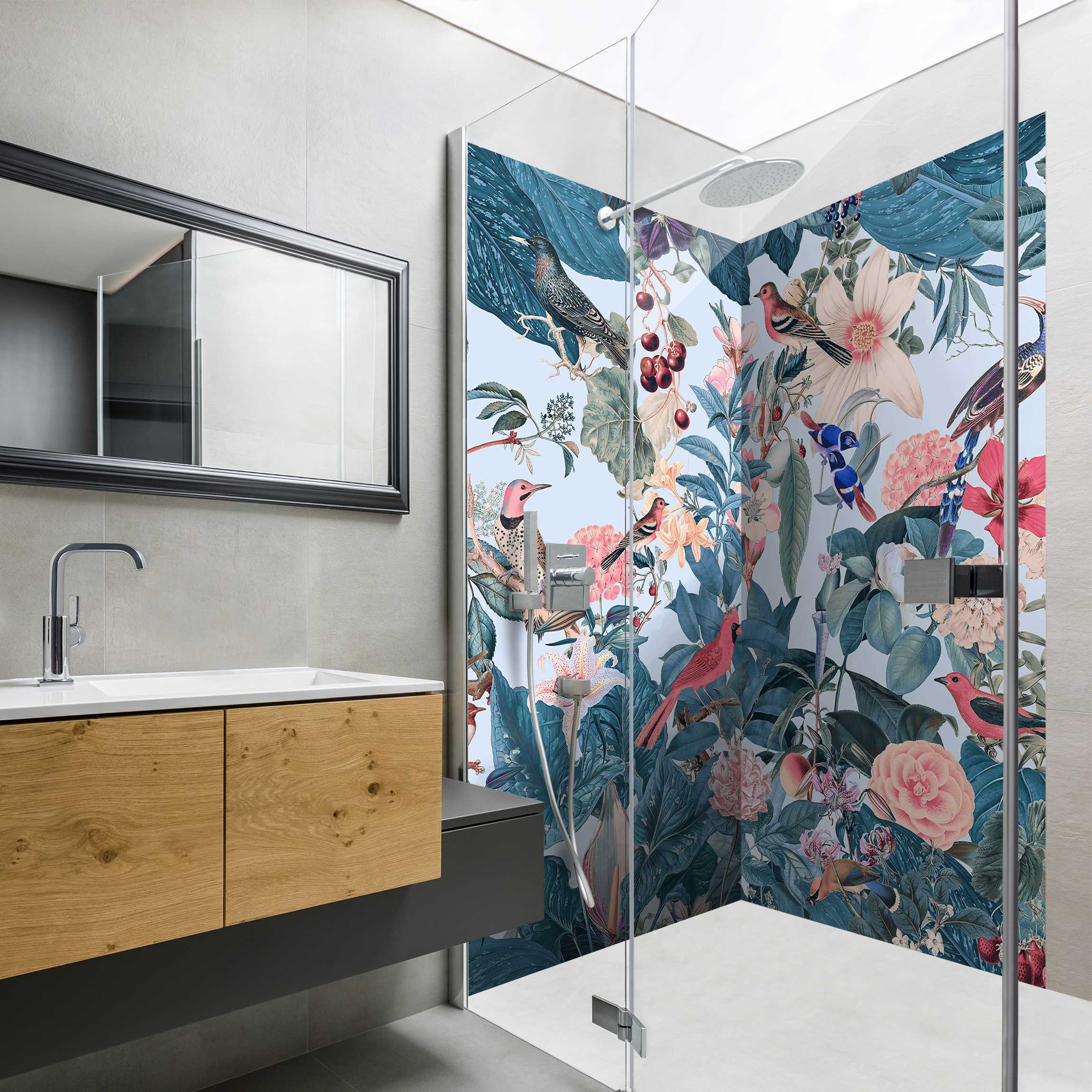 Duschrückwand Vintage Collage - Vogelgarten