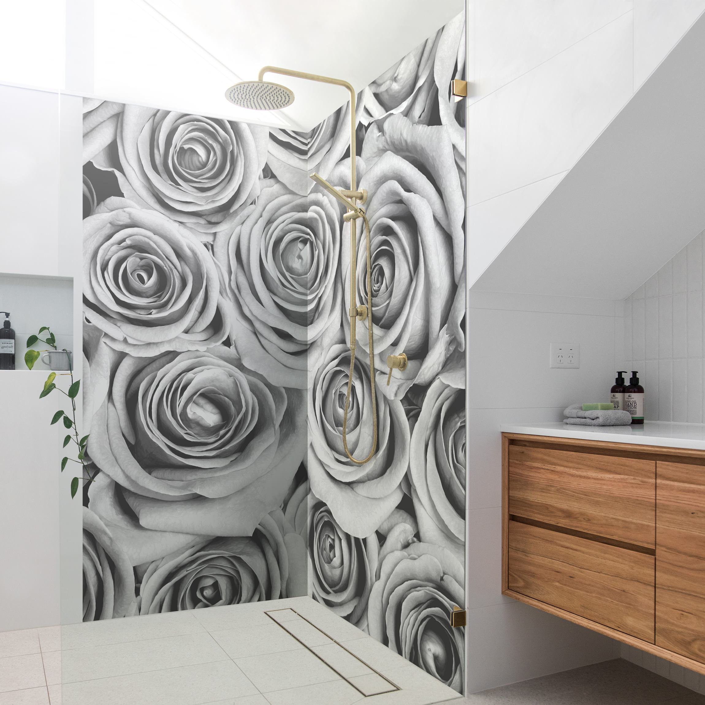 Duschrückwand Vintage Rosen Schwarz-Weiß