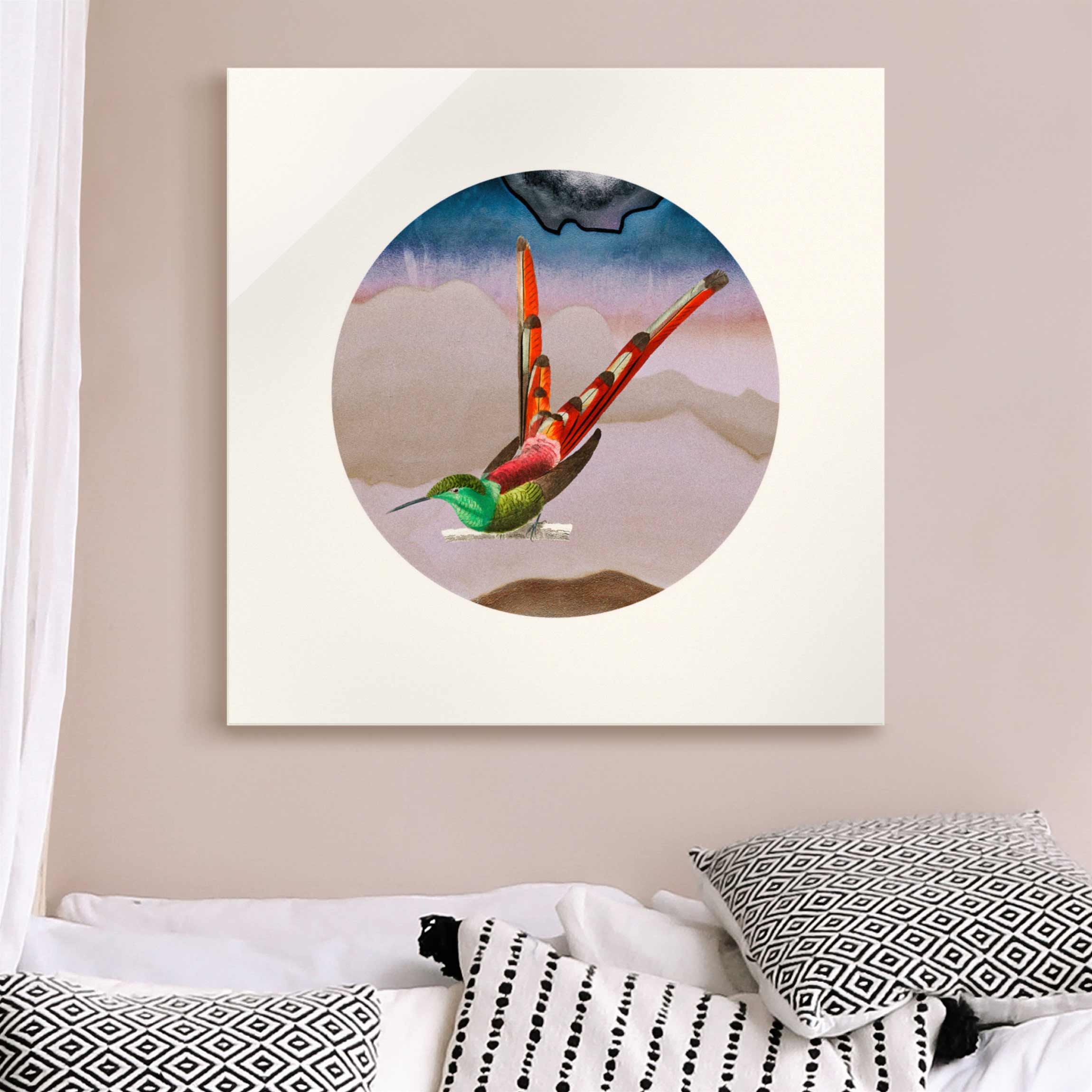 Glasbild Vogel Collage im Kreis