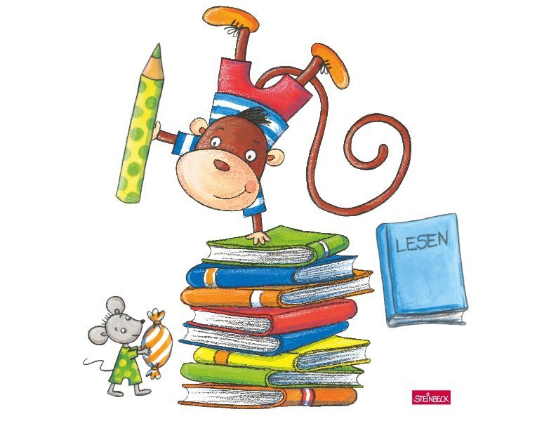 Wandtattoo Kinderzimmer Steinbeck - Lesespaß mit Affe und Maus