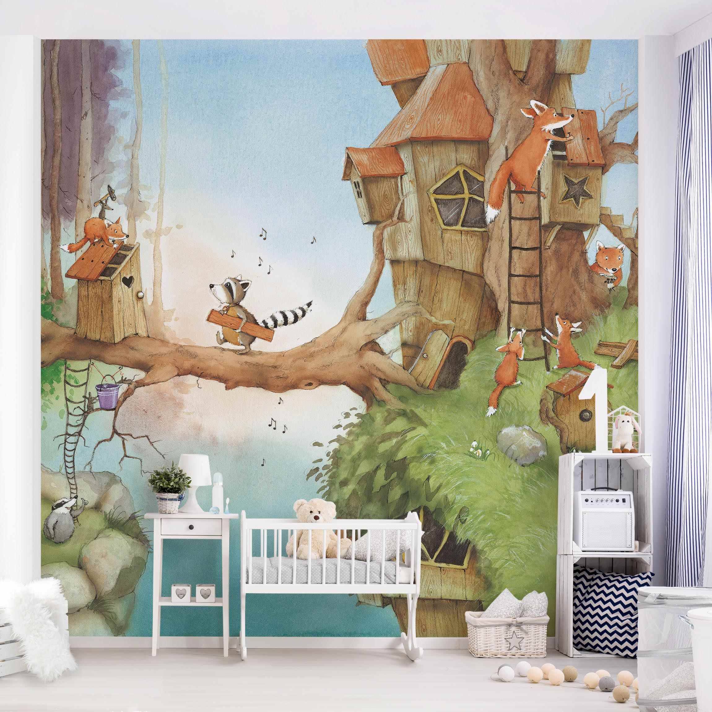 Fototapete Kinderzimmer Wassili Waschbär - Wassili und Familie Fuchs