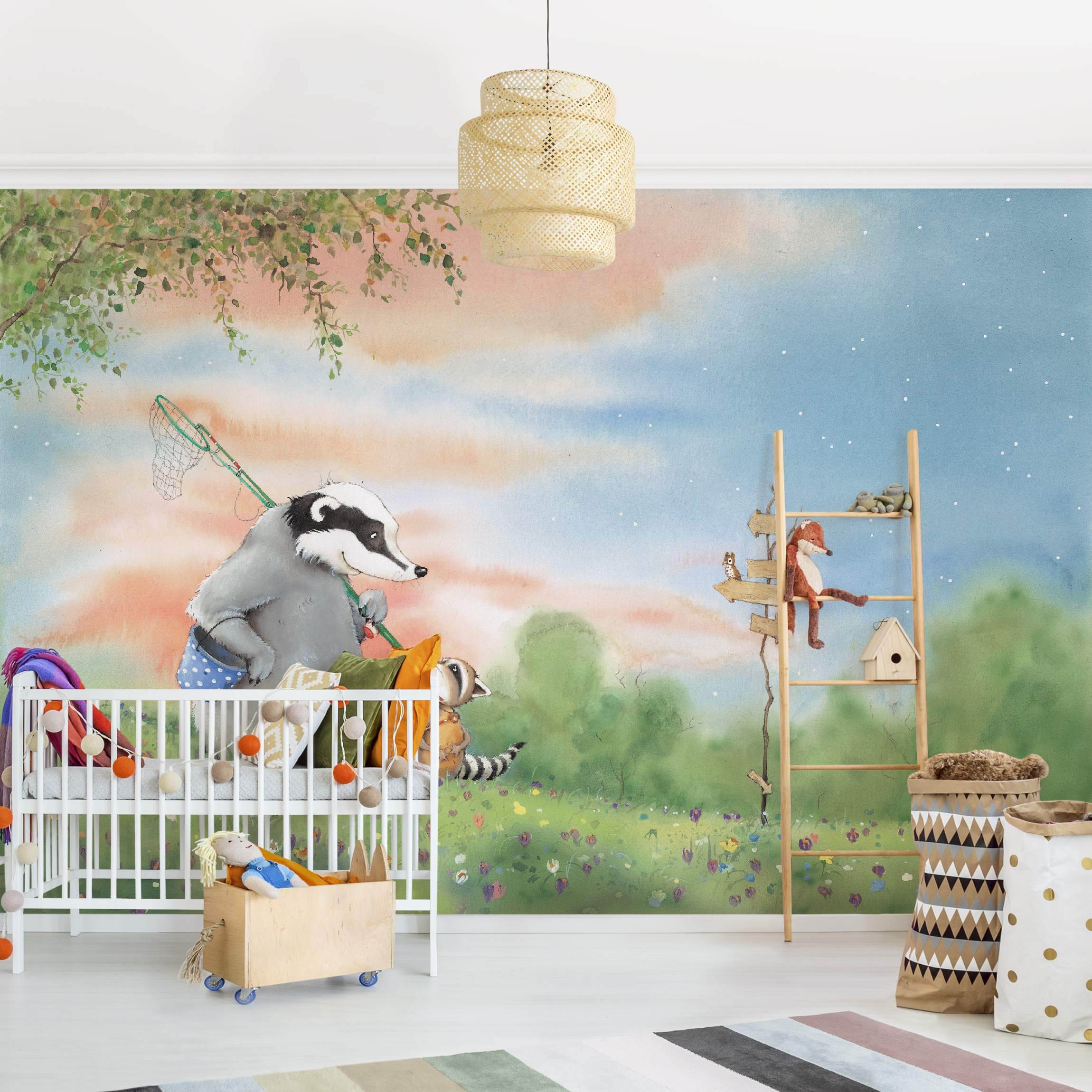 Fototapete Kinderzimmer Wassili Waschbär - Wassili und Sibelius am Wegweiser