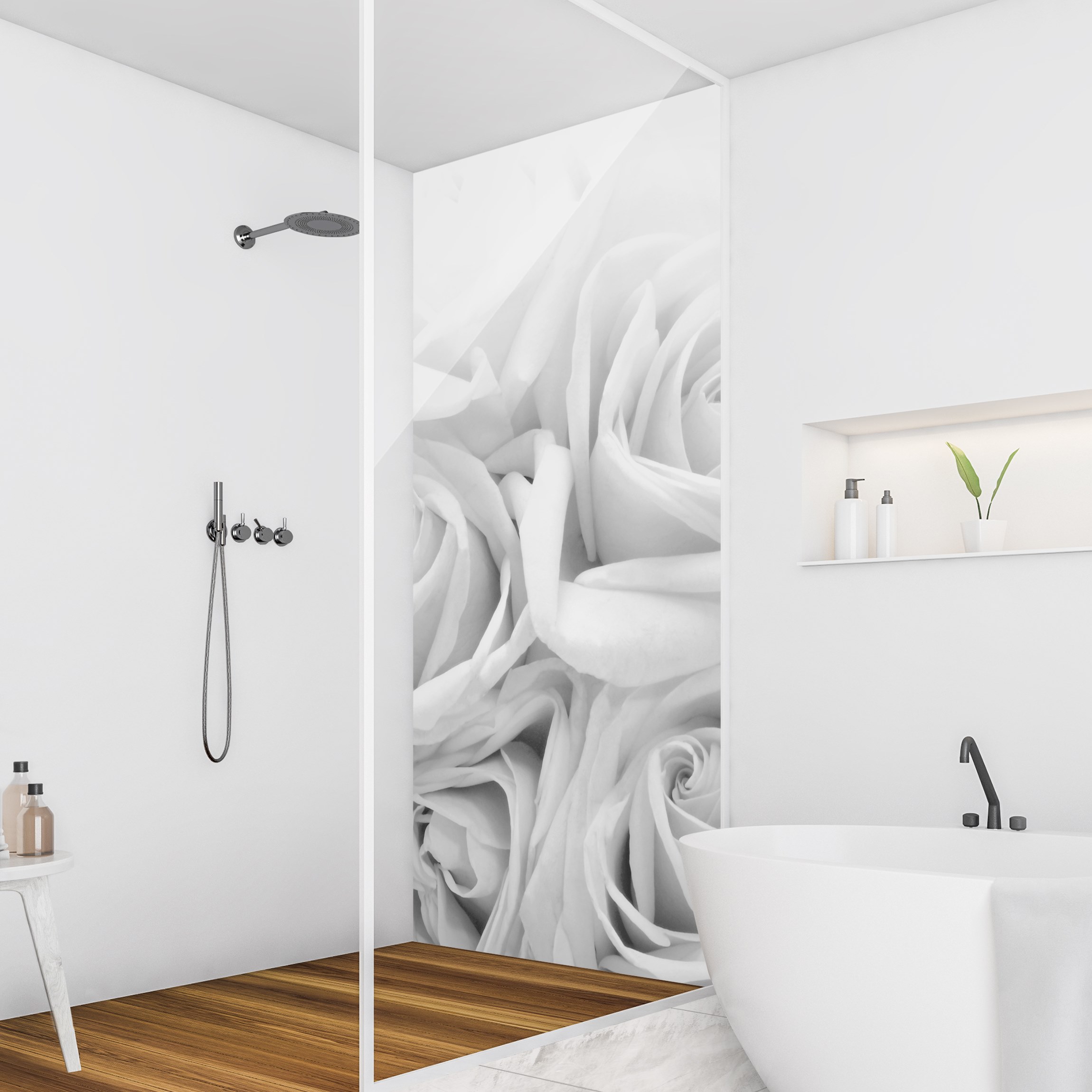 Duschrückwand Weiße Rosen Schwarz-Weiß