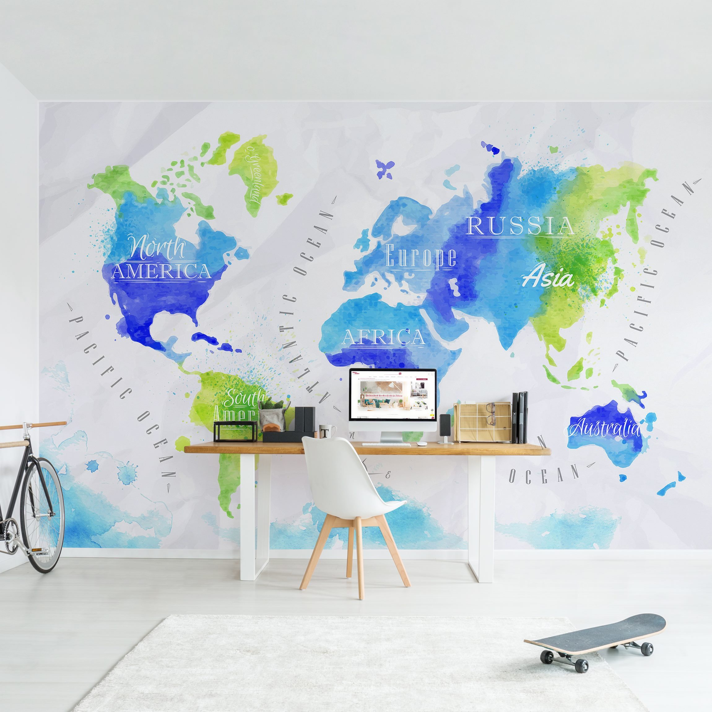 Fototapete Weltkarte Aquarell blau grün