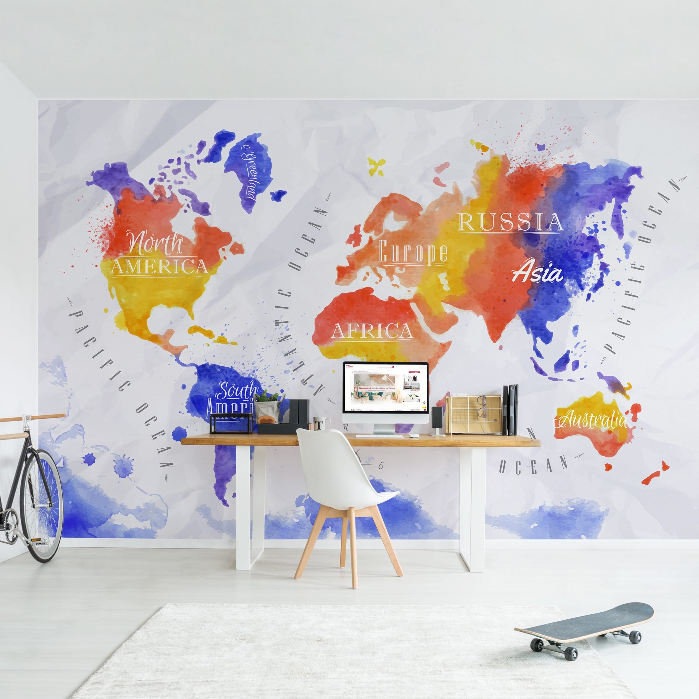 Fototapete Kinderzimmer Weltkarte Aquarell violett rot gelb