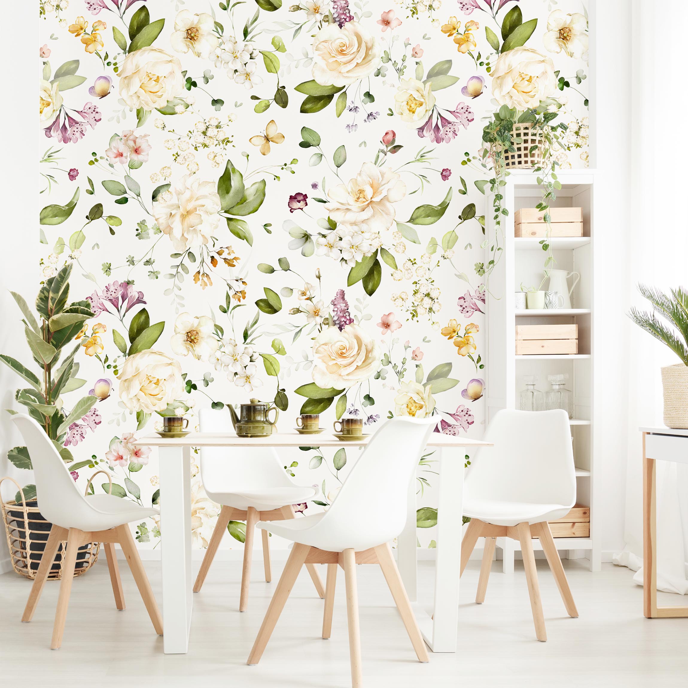 Fototapete Wildblumen und Weiße Rosen Aquarell Muster