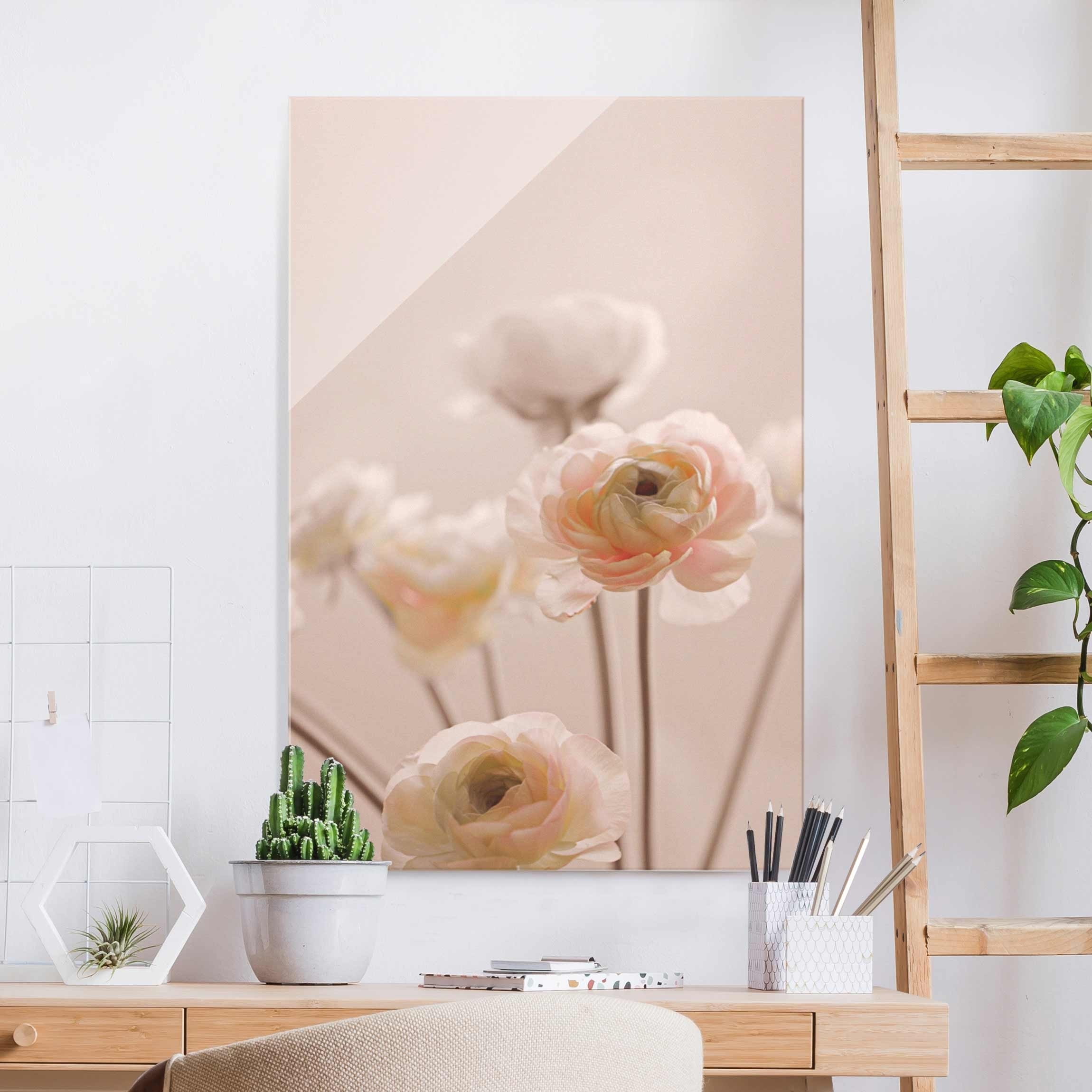 Glasbild Zarter Strauch an Rosa Blüten
