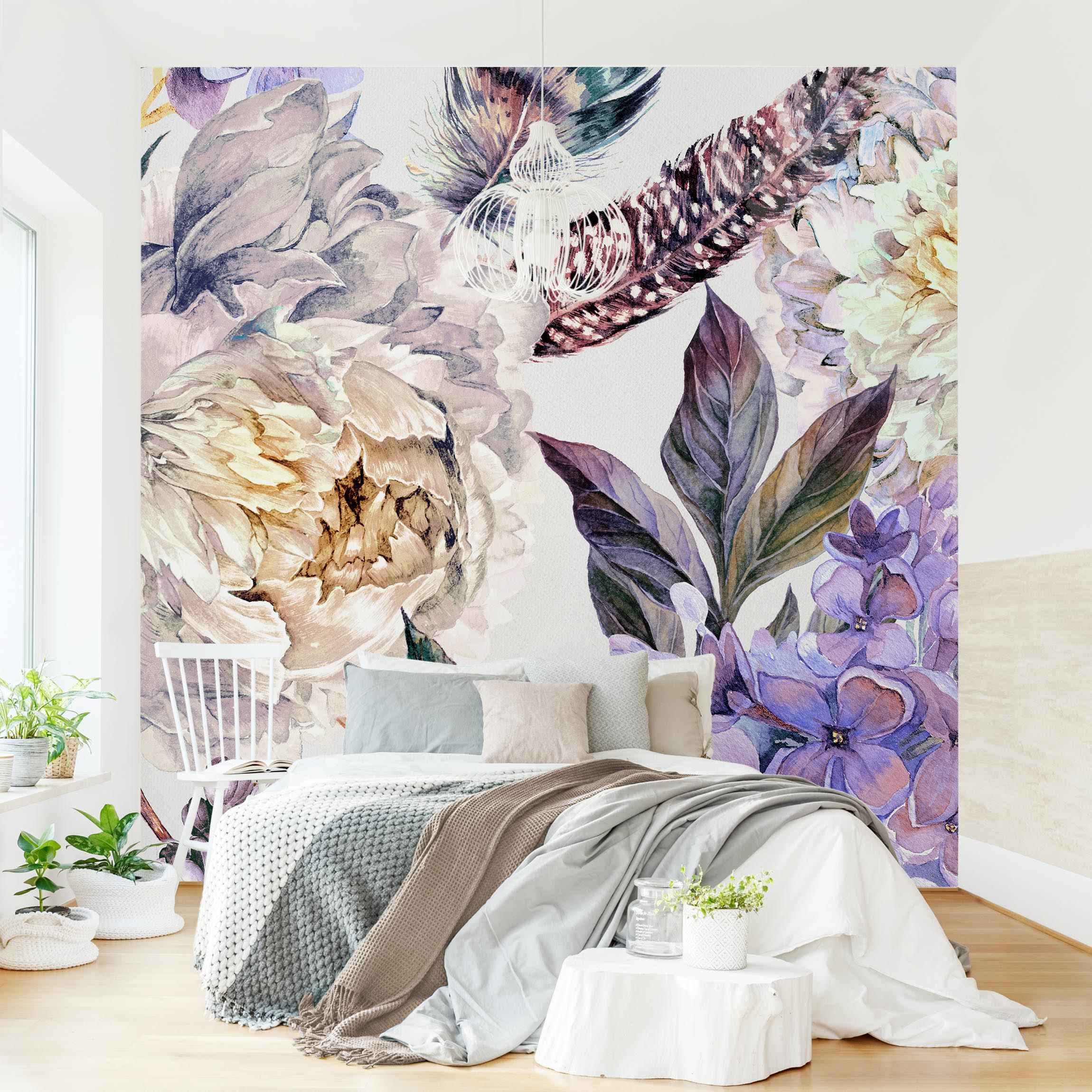 Fototapete Zartes Aquarell Boho Blüten und Federn Muster