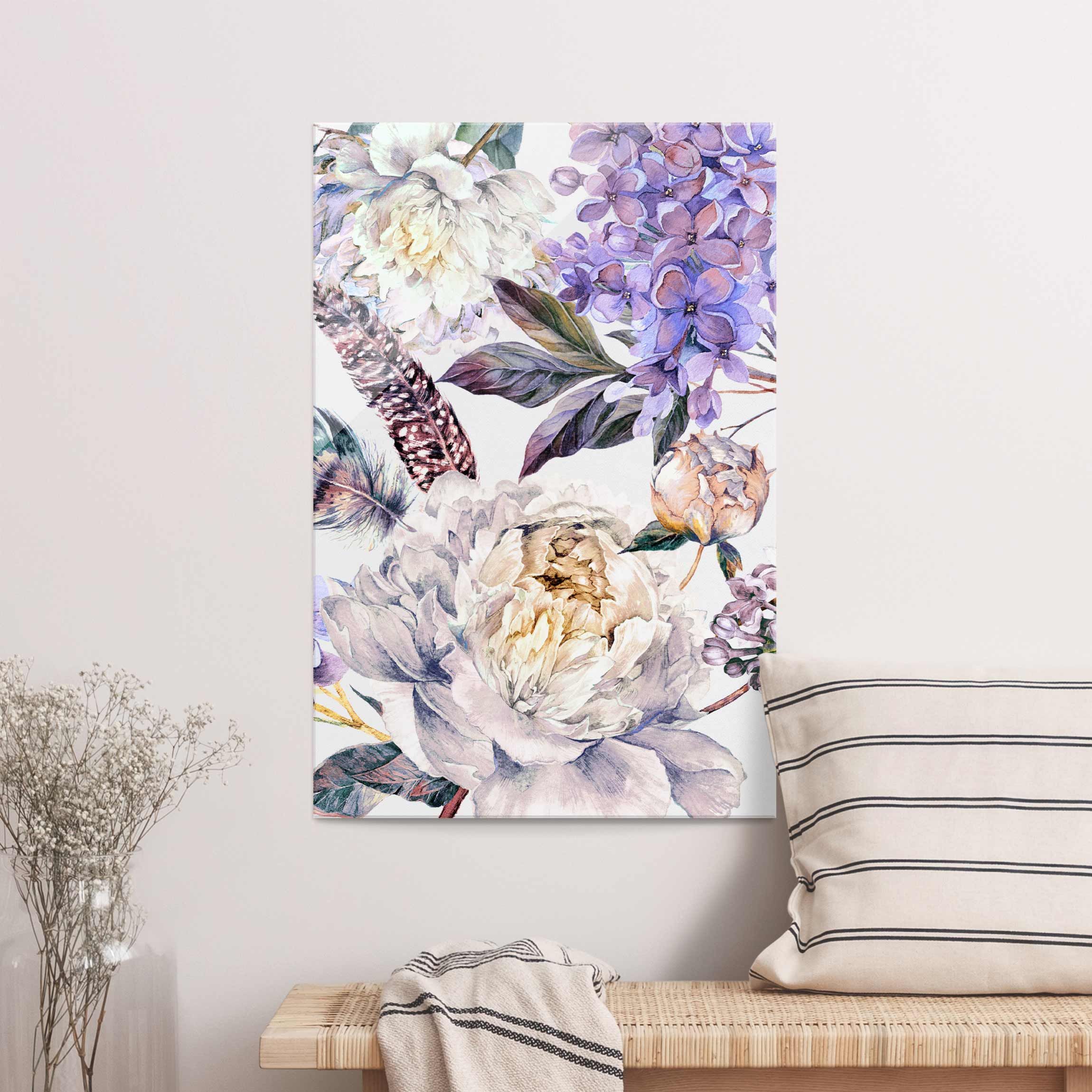 Glasbild Zartes Aquarell Boho Blüten und Federn Muster