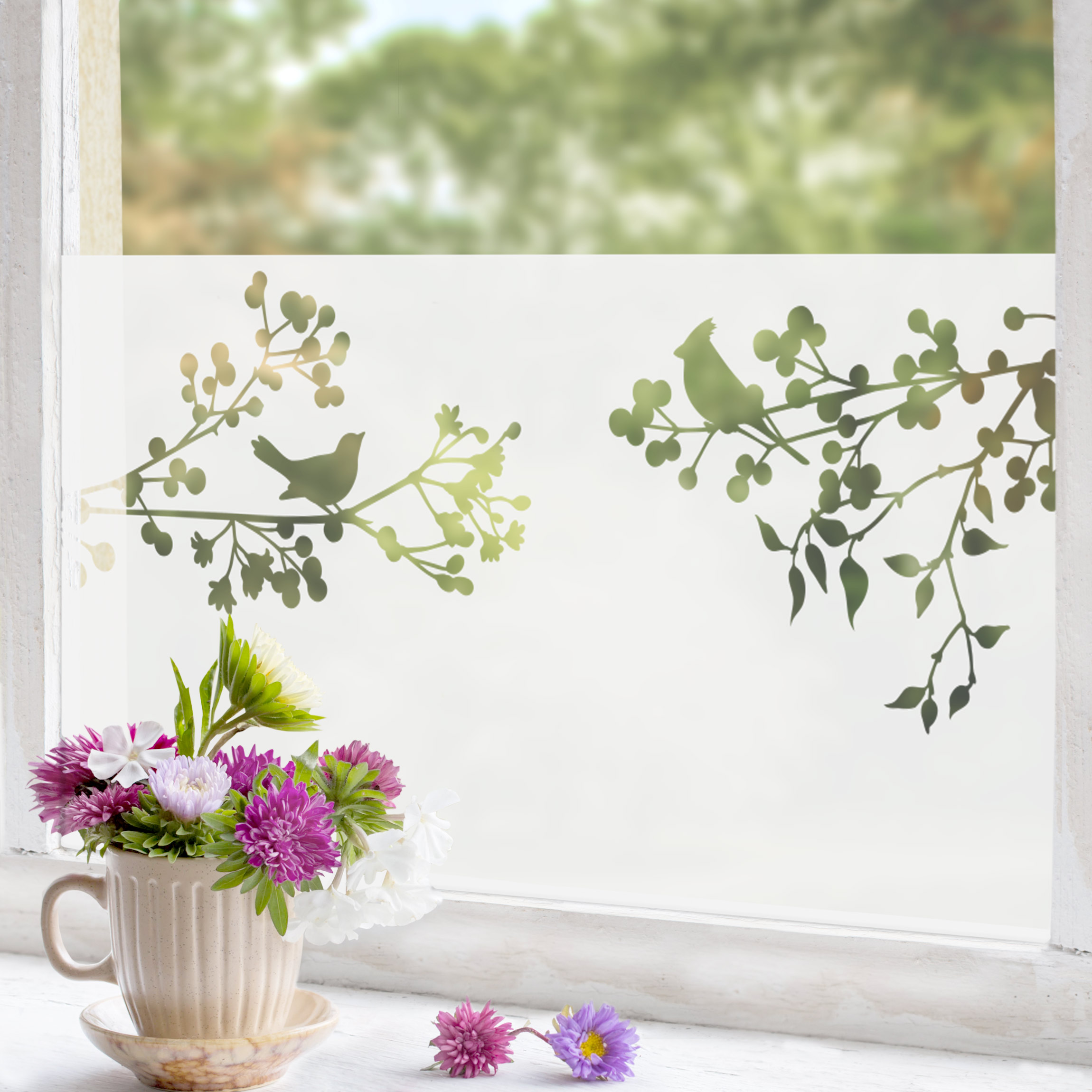Fensterfolie Zweige mit Beeren und Vögel II