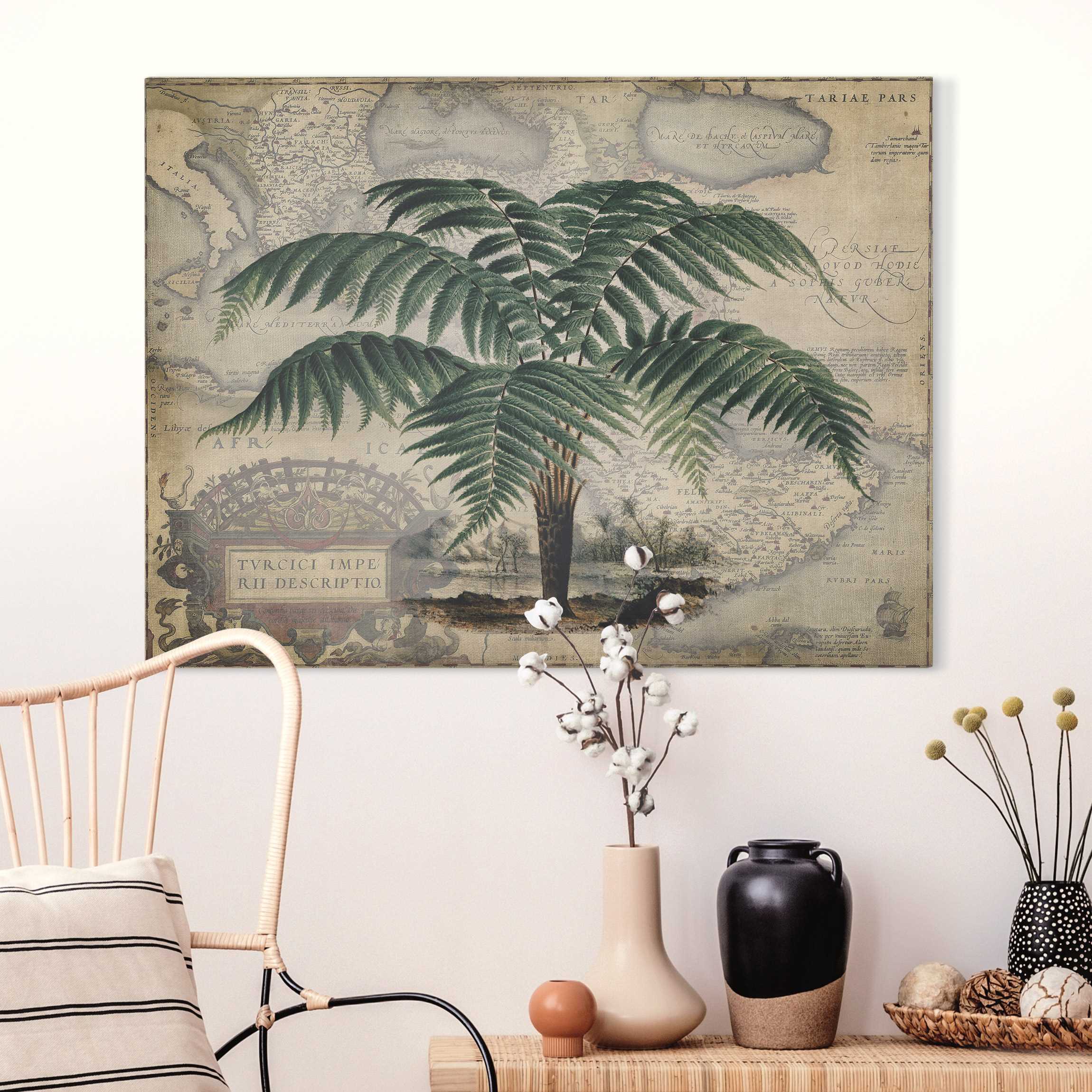 Leinwandbild Vintage Collage - Palme und Weltkarte