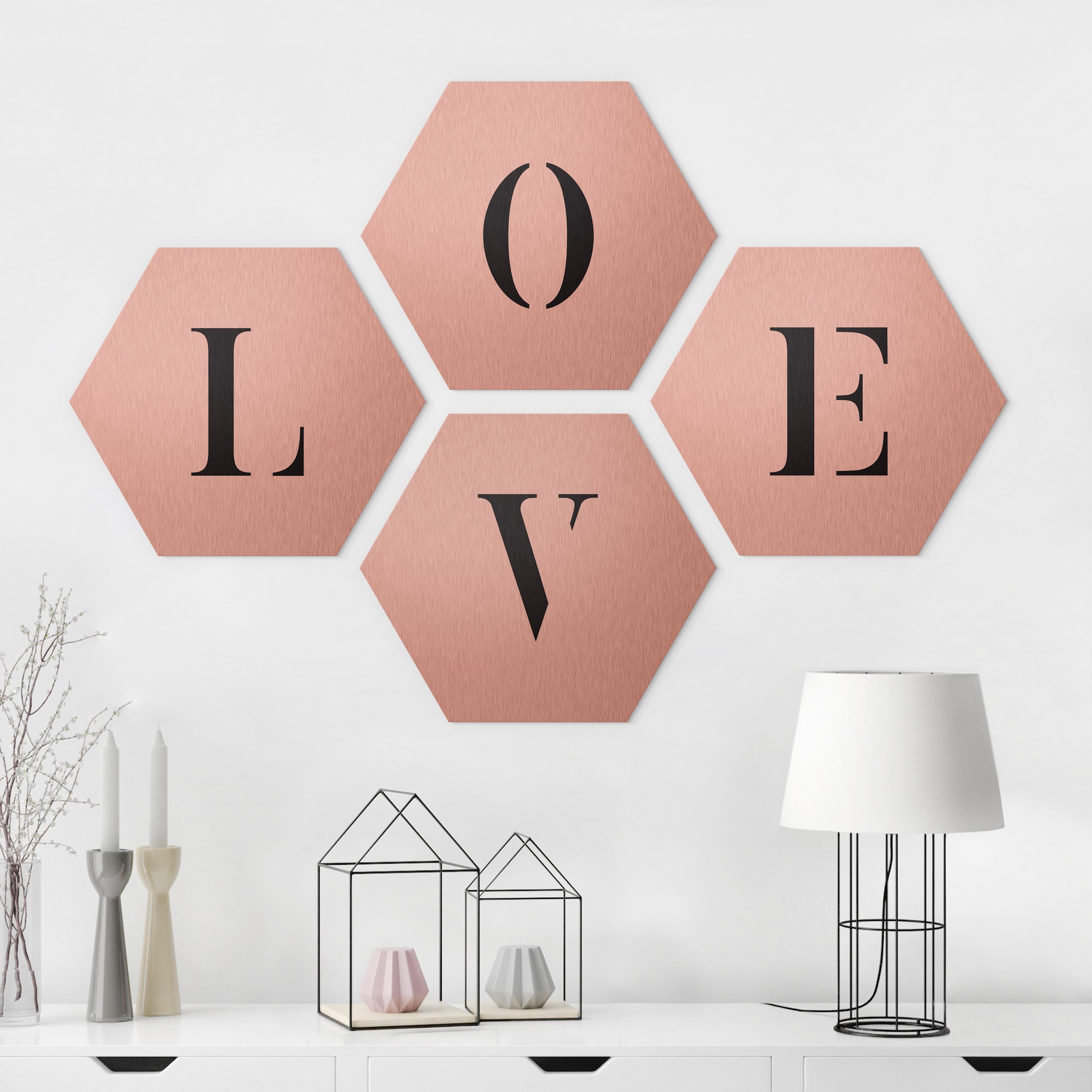 4-teiliges Hexagon-Alu-Dibond Bild Buchstaben LOVE Schwarz Set II