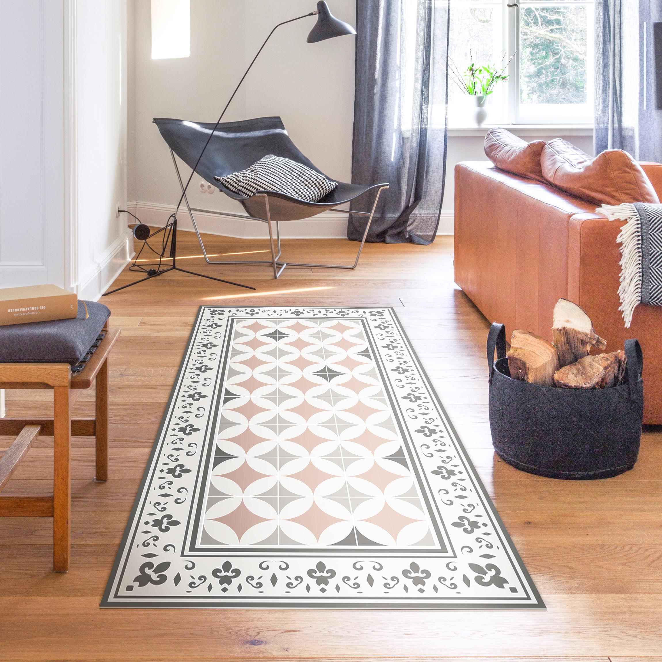 Vinylteppich Geometrische Fliesen Kreisblüten Orange mit Bordüre