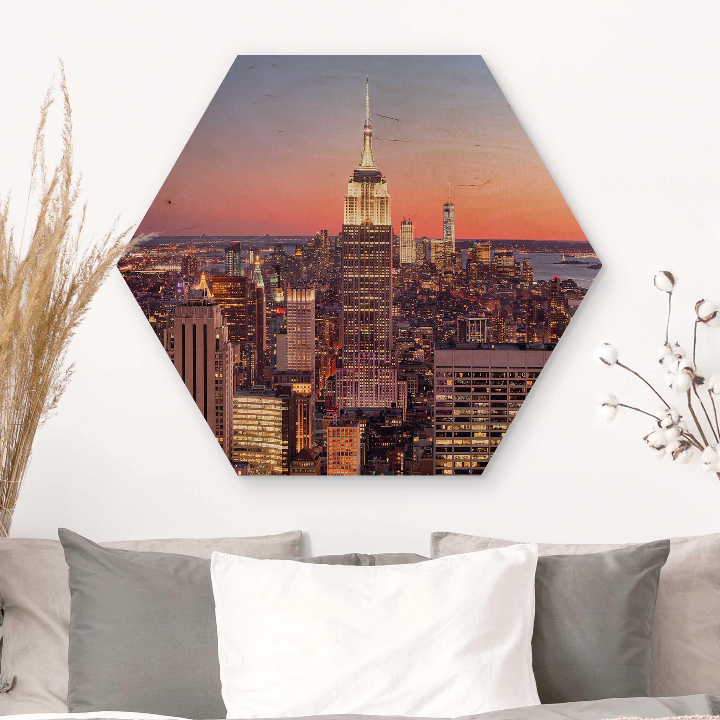 Hexagon-Holzbild Sonnenuntergang Manhattan New York City