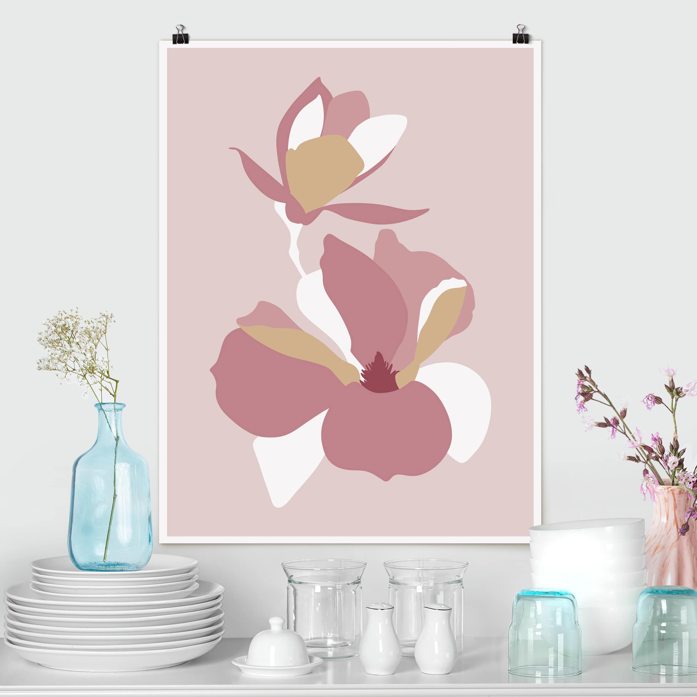Poster - Hochformat Line Art Blüten Pastell Rosa