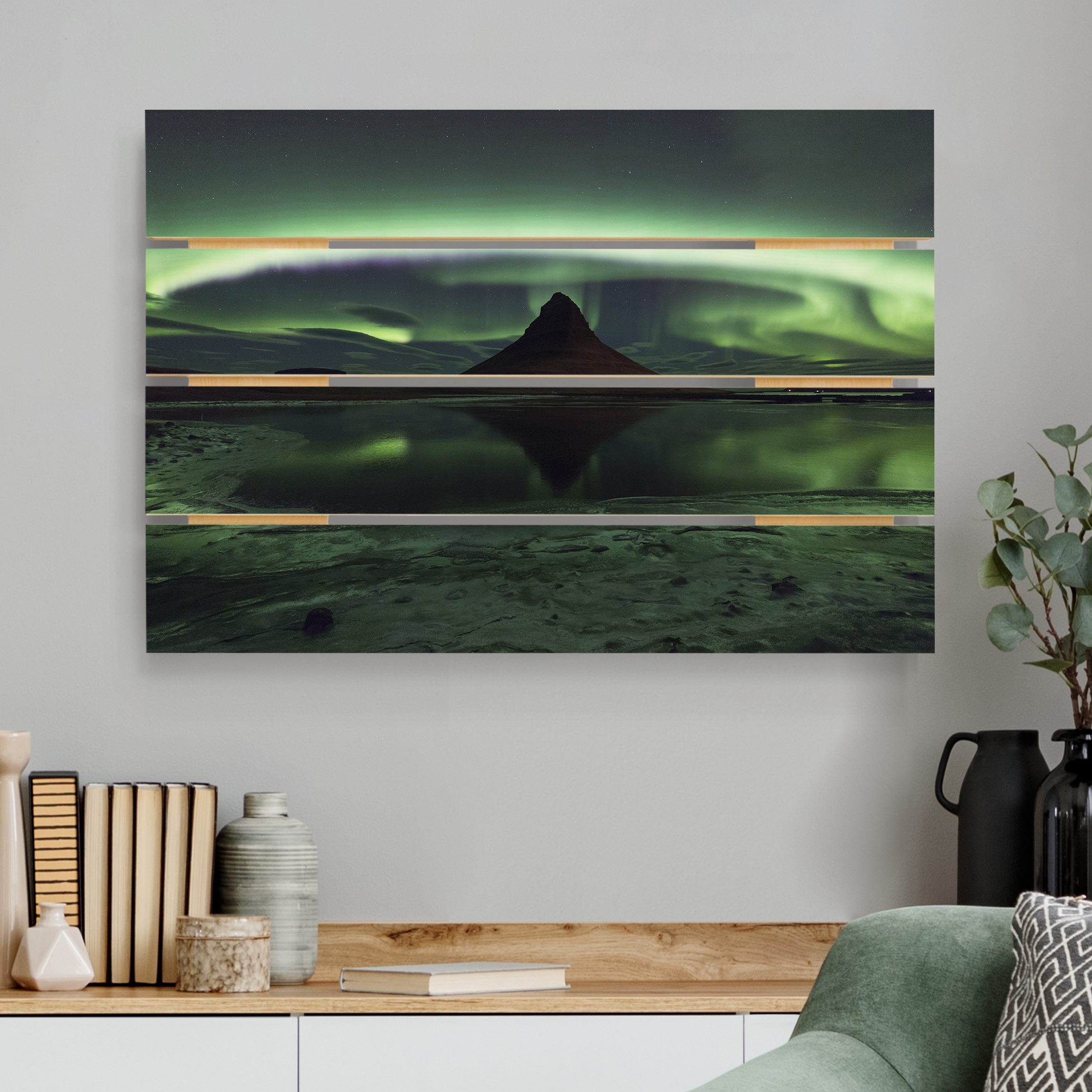 Holzbild Plankenoptik - Querformat Polarlicht in Island