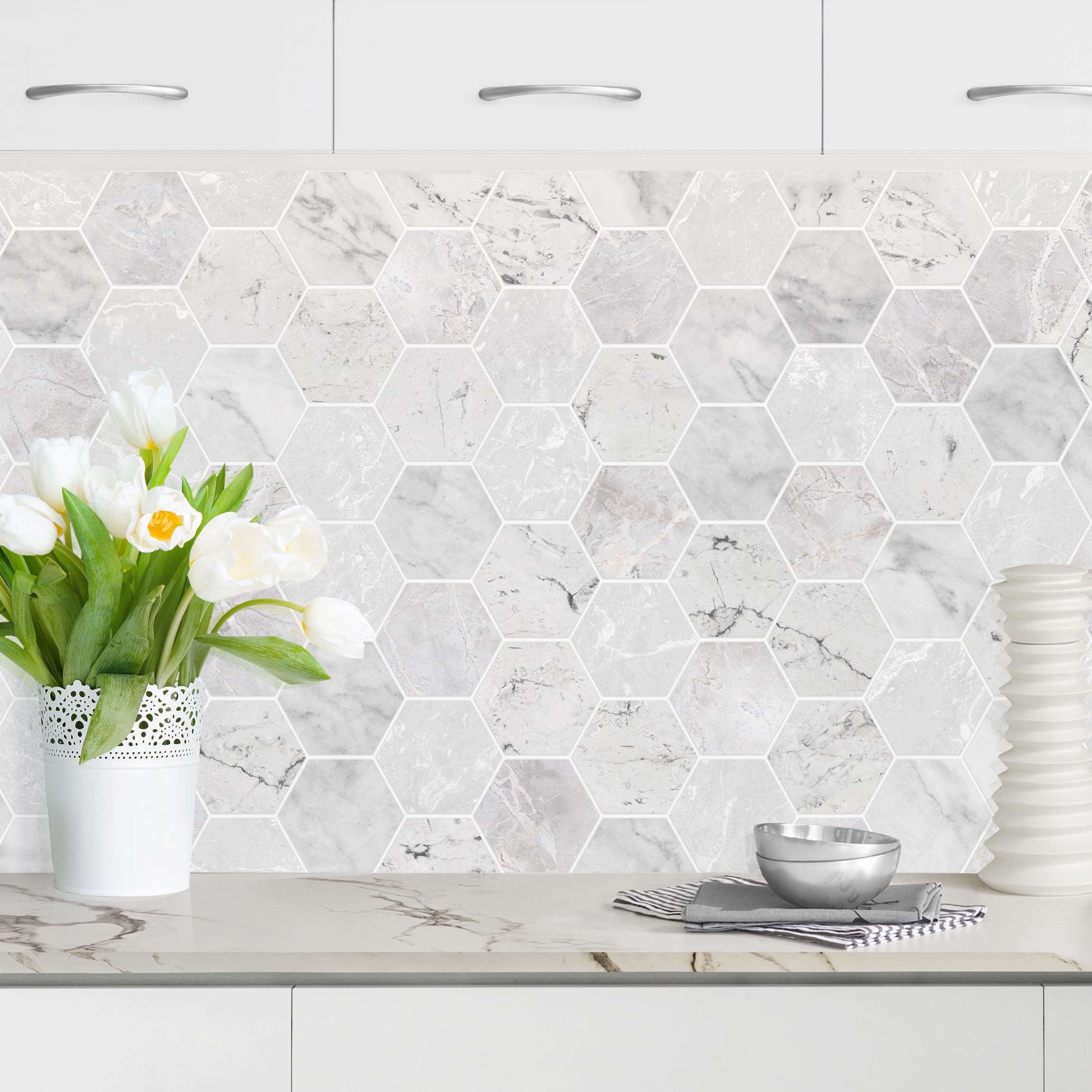 Küchenrückwand Marmor Hexagon Fliesen - Hellgrau