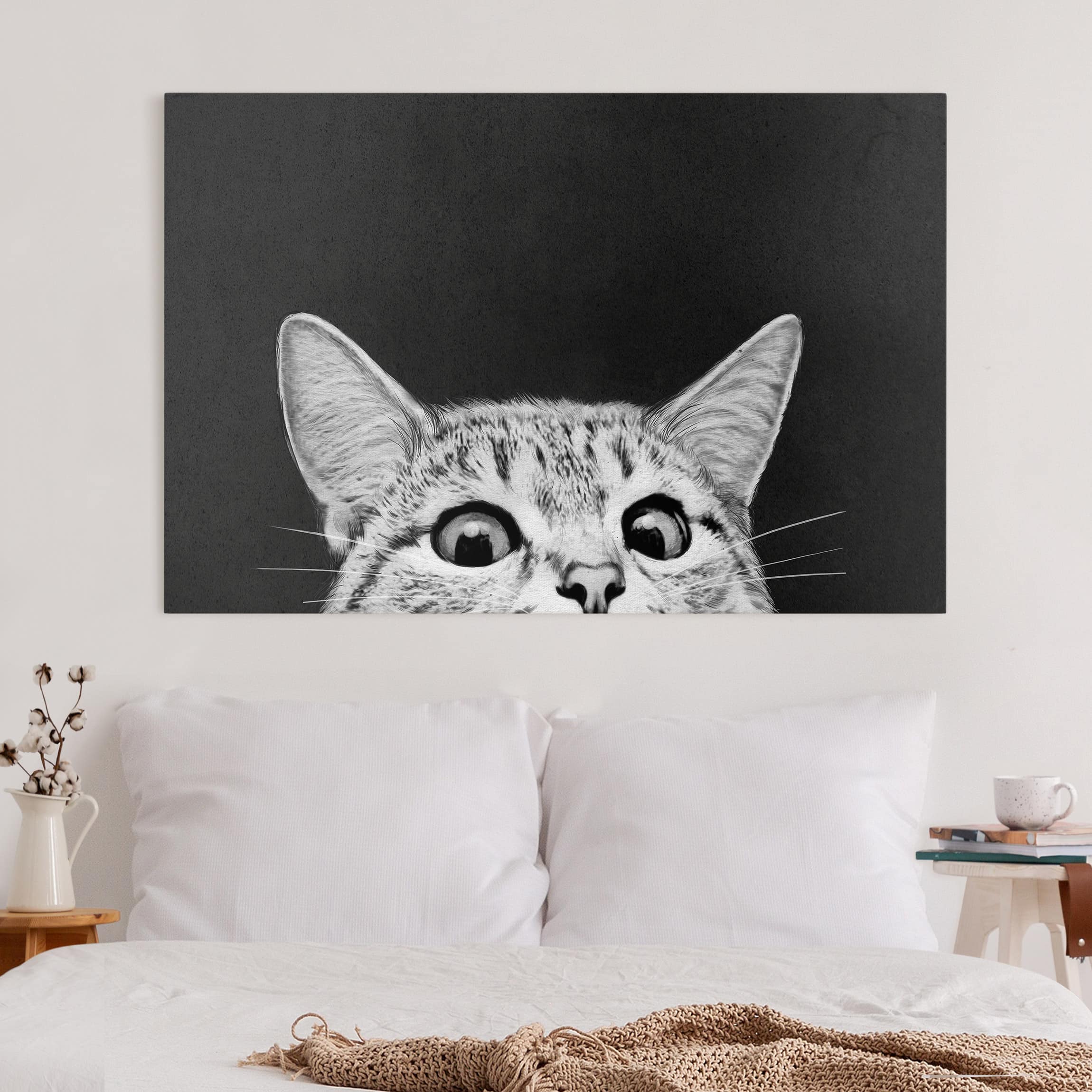 Leinwandbild - Querformat Illustration Katze Schwarz Weiß Zeichnung