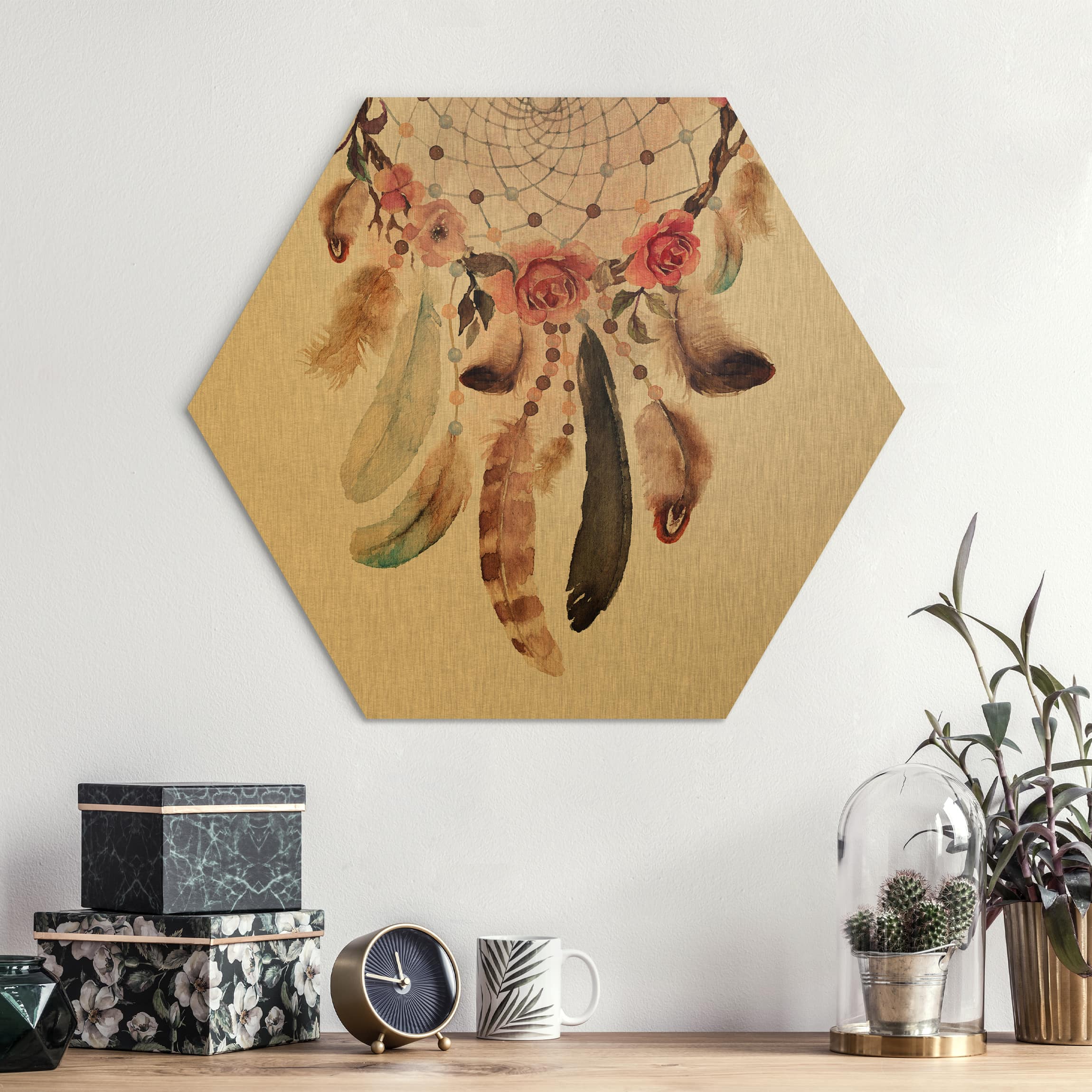 Hexagon-Alu-Dibond Bild Traumfänger mit Perlen