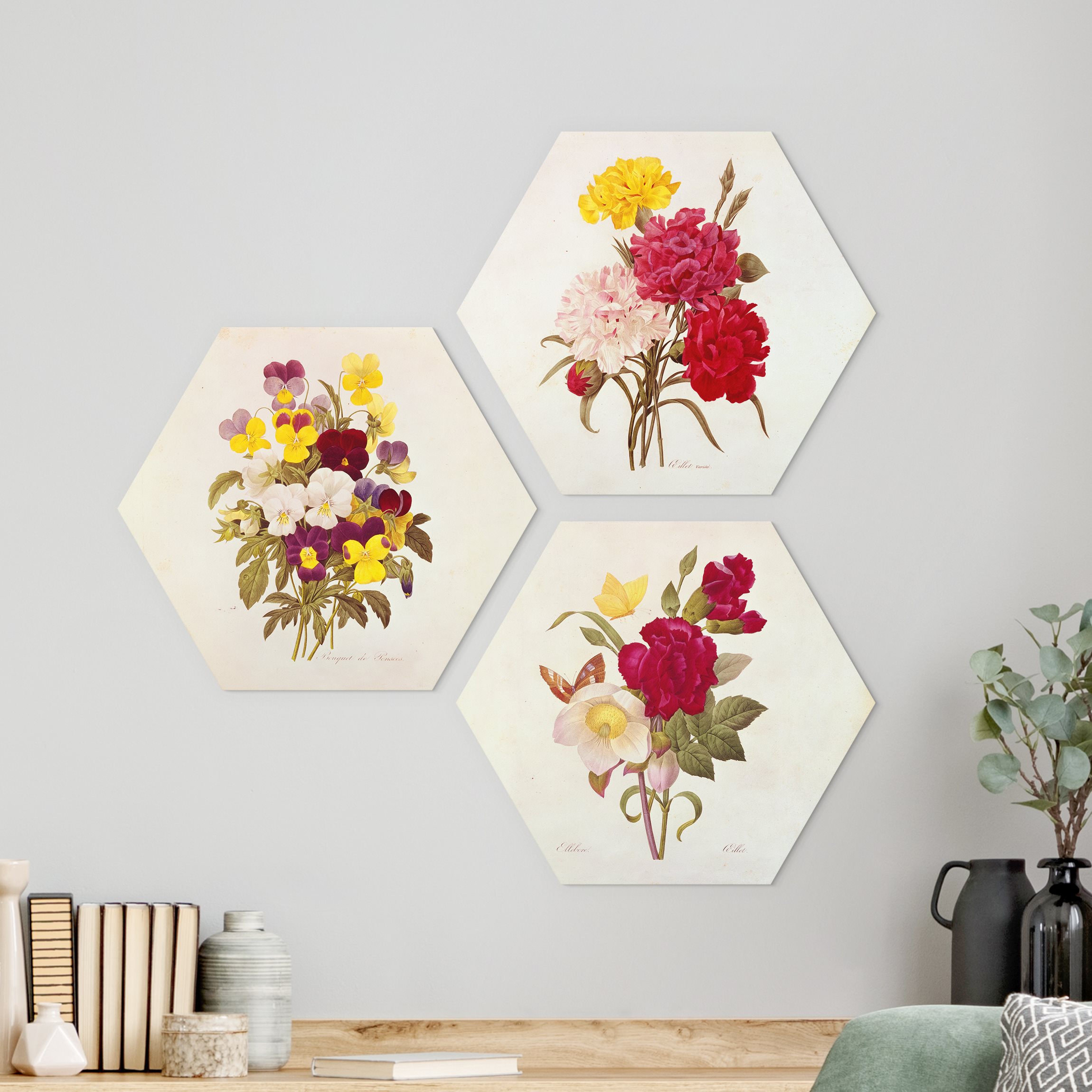 3-teiliges Hexagon-Alu-Dibond Bild Pierre Joseph Redouté - Rosen Nelken Stiefmütterchen