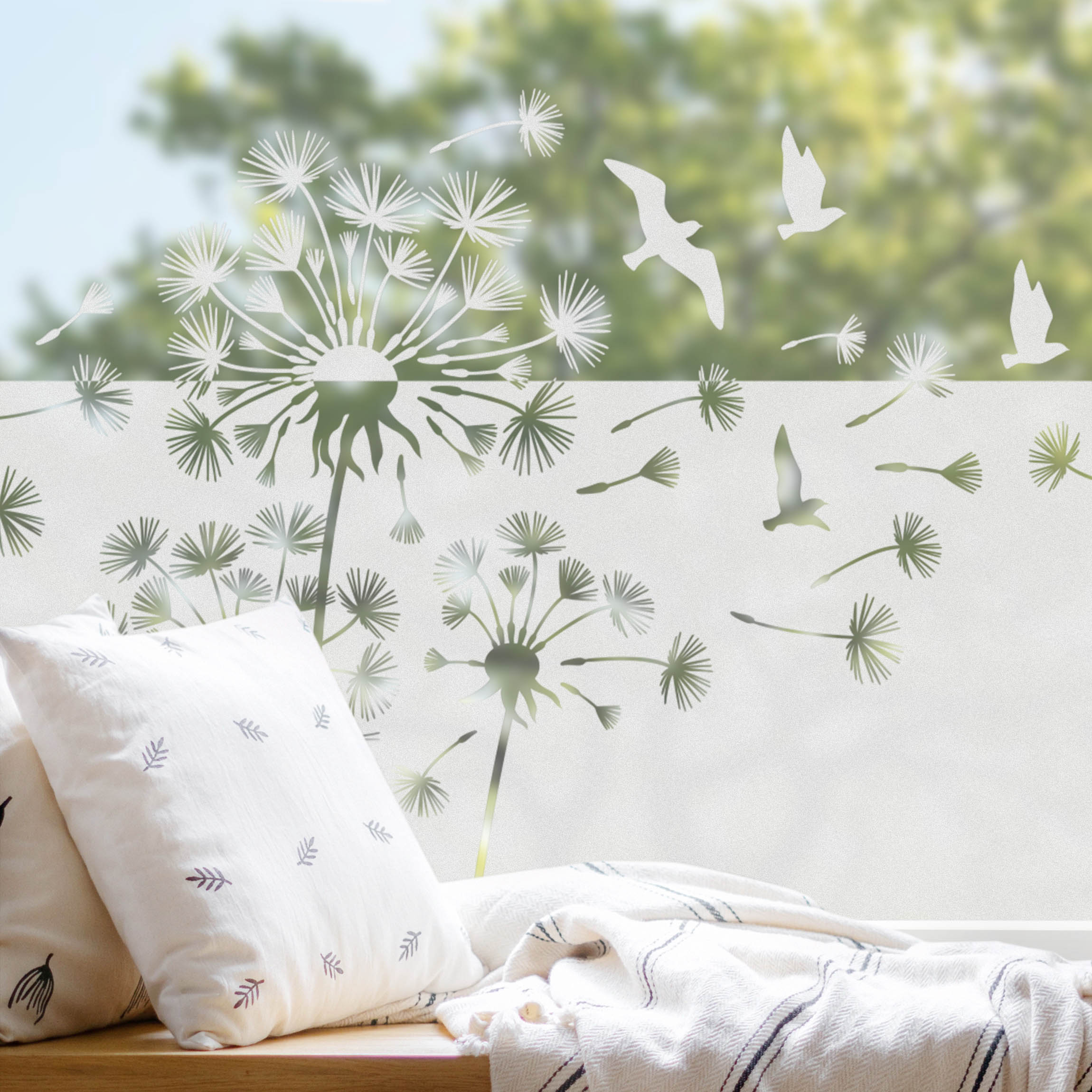 Fensterfolie Sichtschutz Pusteblumen und Vögel Bordüre
