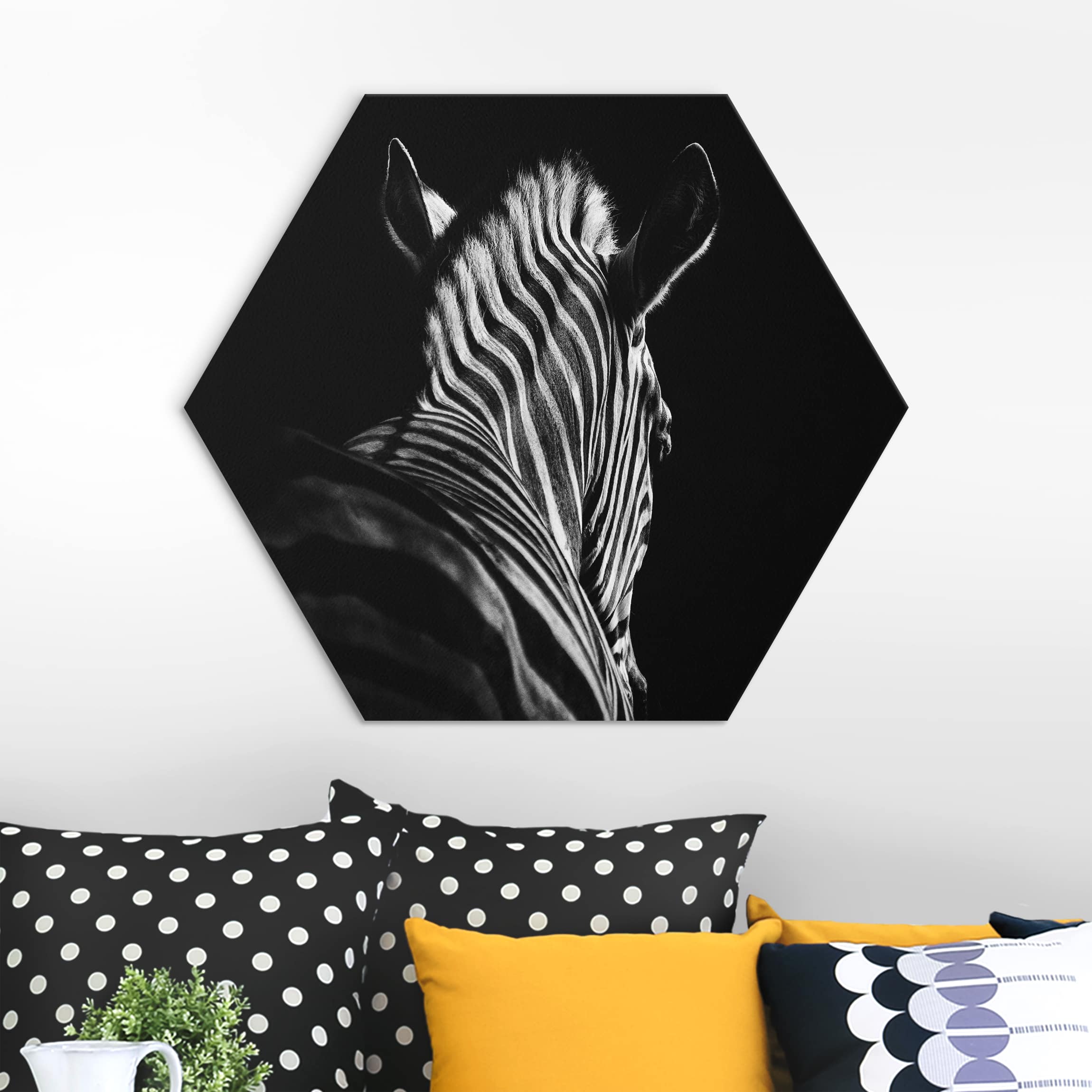 Hexagon-Alu-Dibond Bild Dunkle Zebra Silhouette