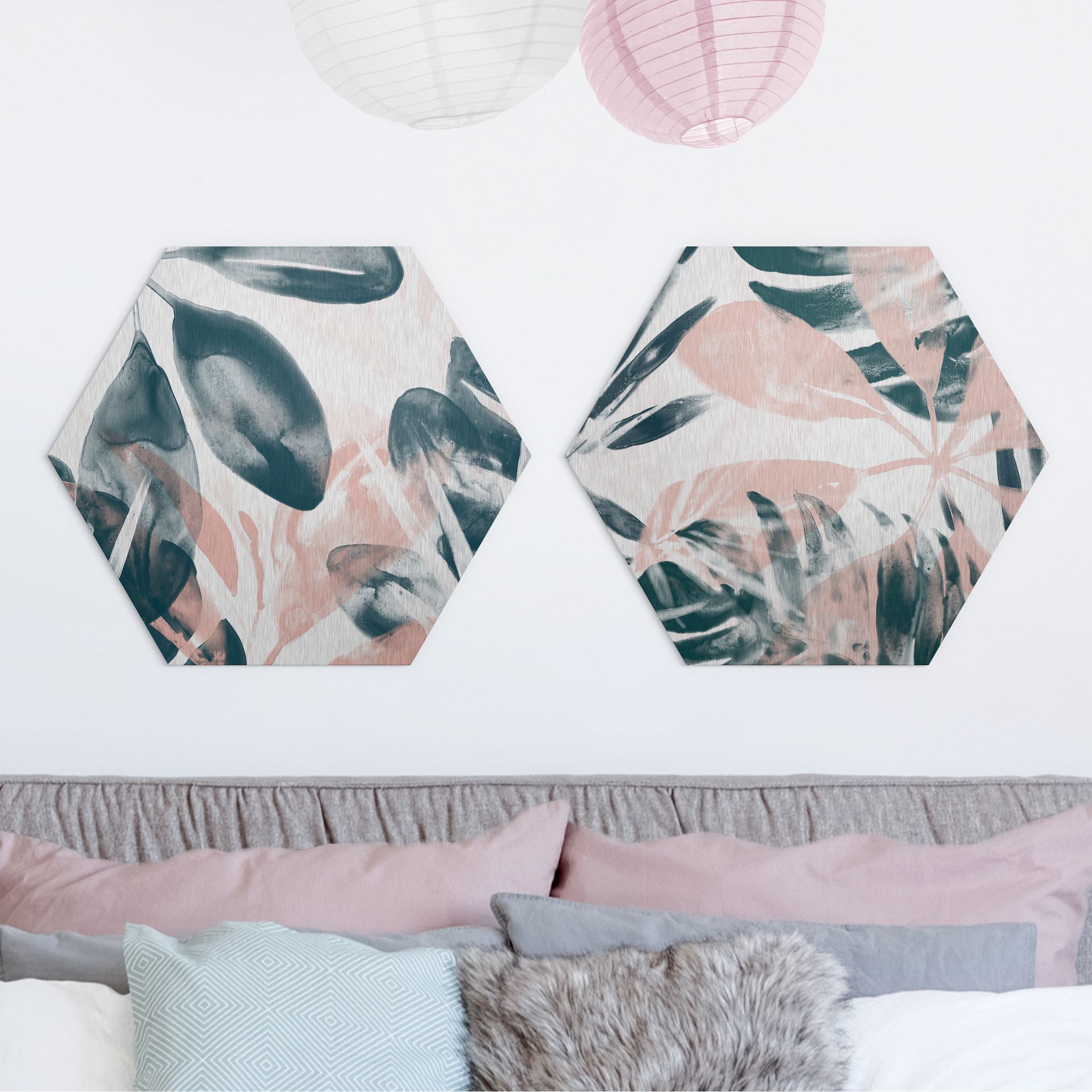 2-teiliges Hexagon-Alu-Dibond Bild Tropisches Orakel petrol Set I