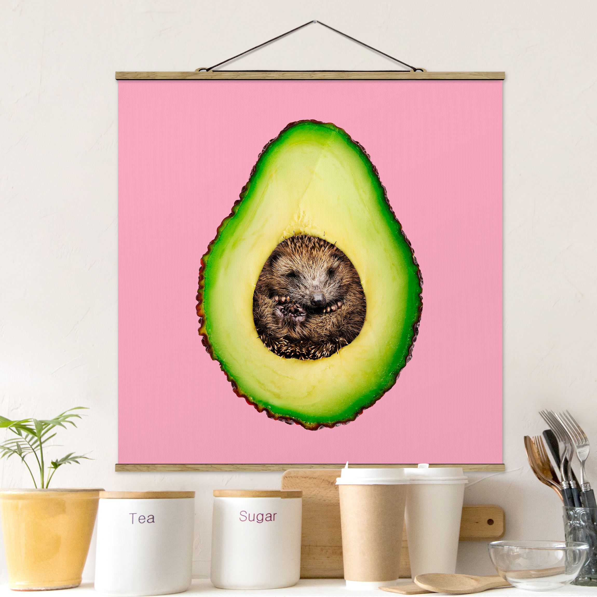 Stoffbild mit Posterleisten Avocado mit Igel