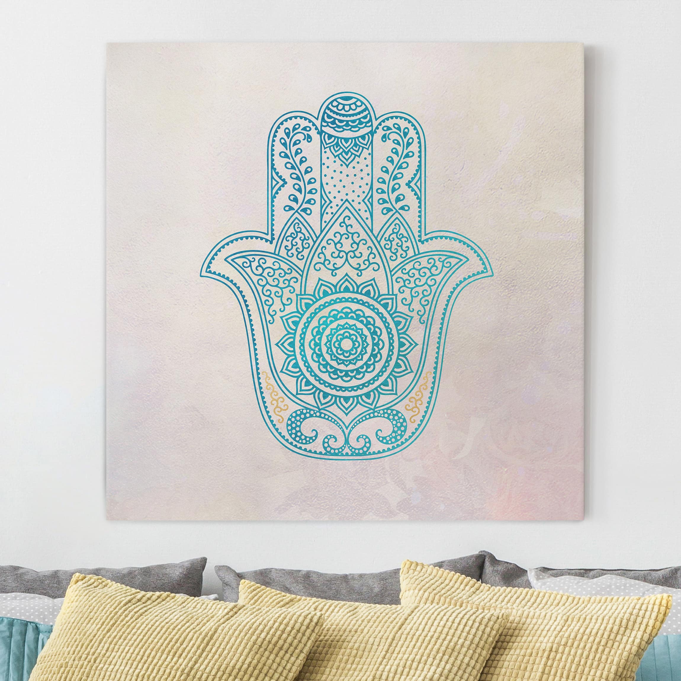 Leinwandbild Hamsa Hand Illustration Mandala gold blau