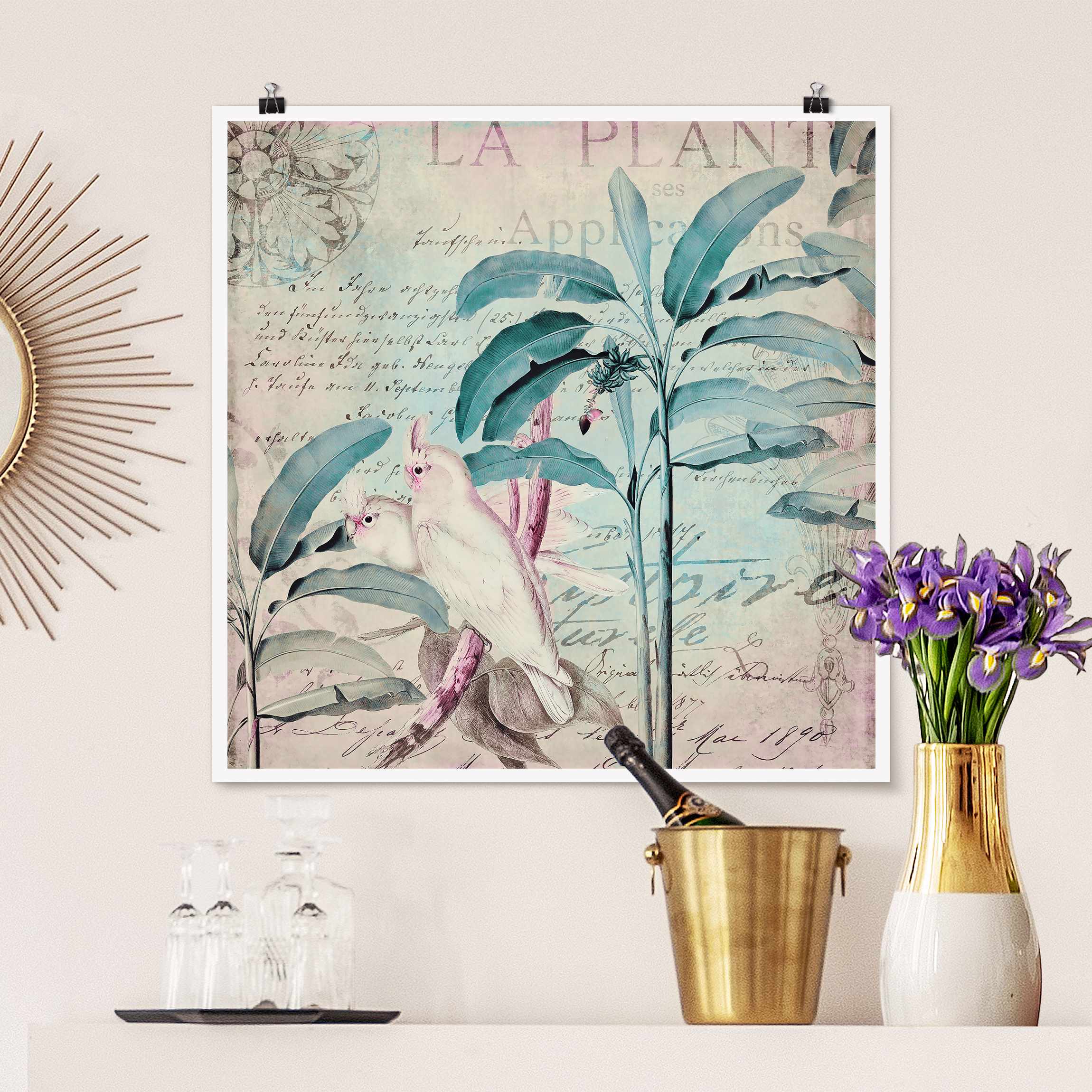 Poster Colonial Style Collage - Kakadus und Palmen