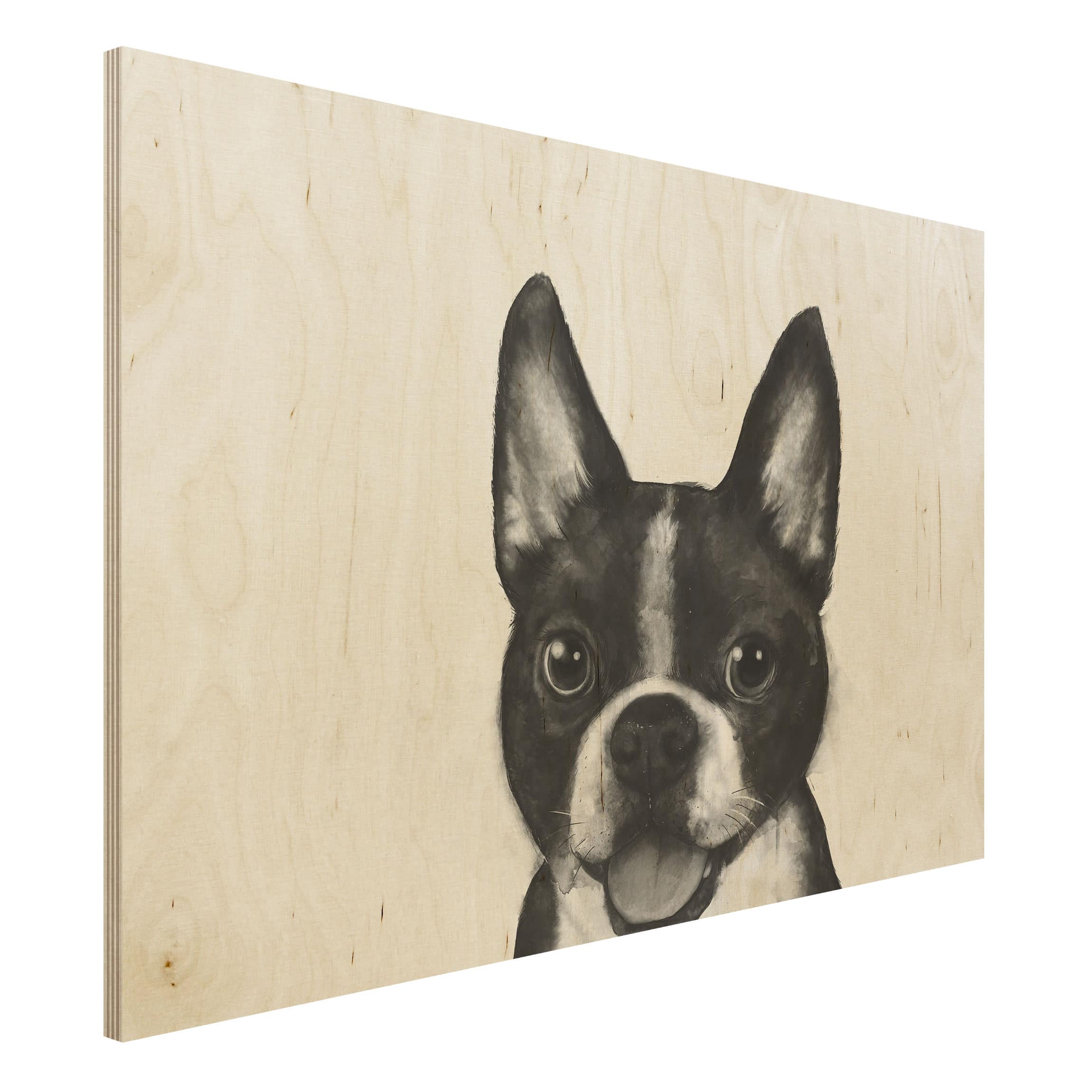 Holzbild Illustration Hund Boston Schwarz Weiß Malerei