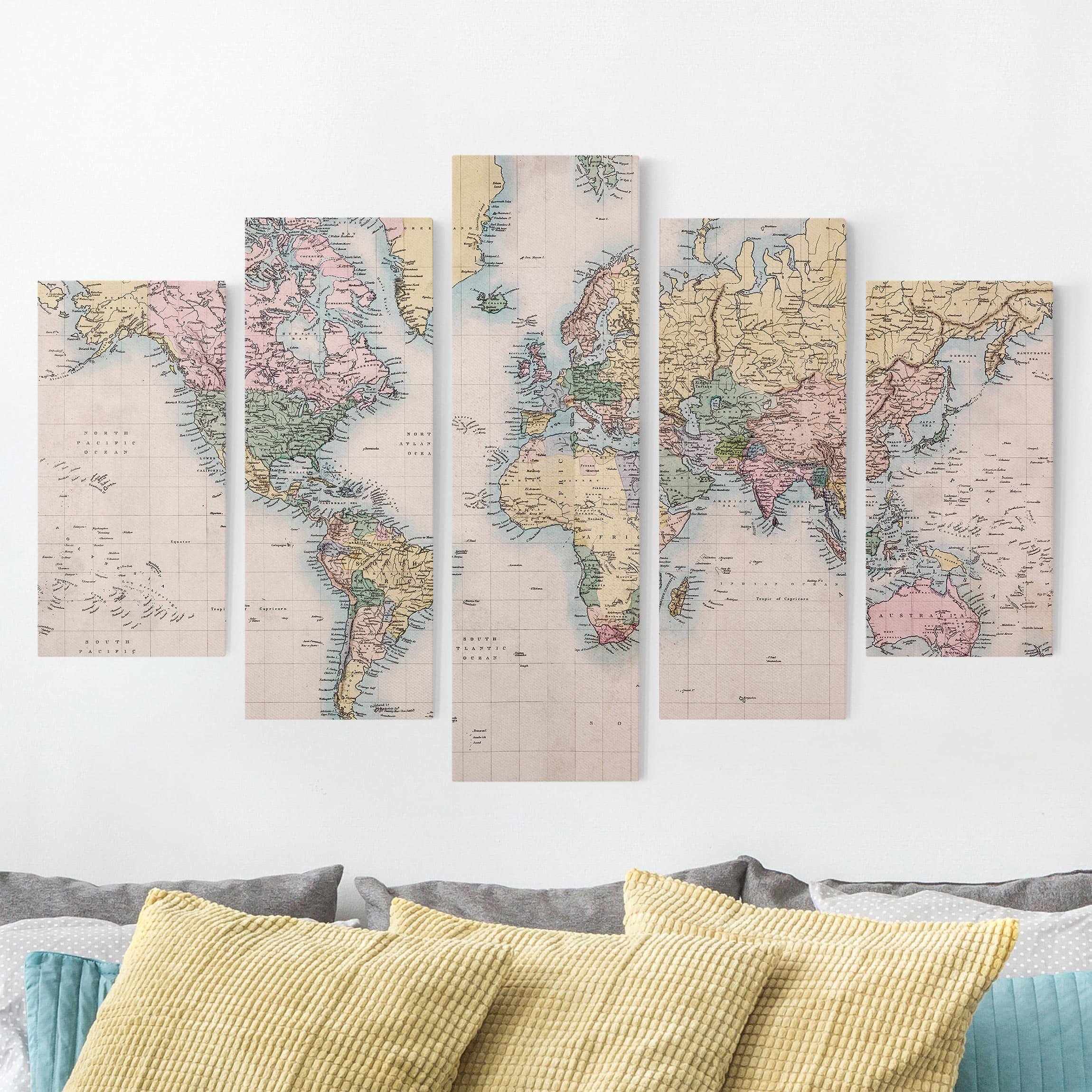 5-teiliges Leinwandbild - Querformat Vintage Weltkarte um 1850