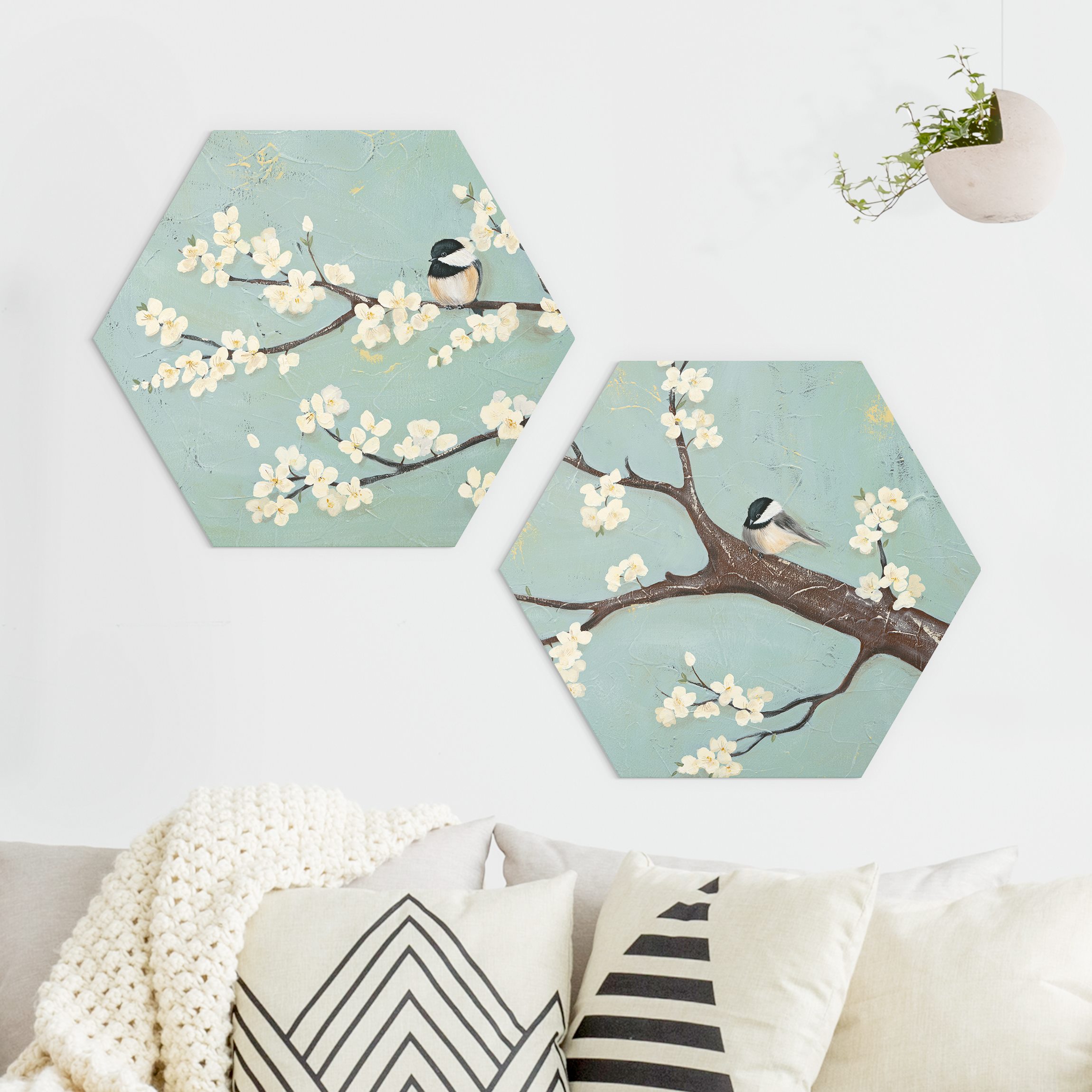 2-teiliges Hexagon-Alu-Dibond Bild Meise auf Kirschbaum Set I