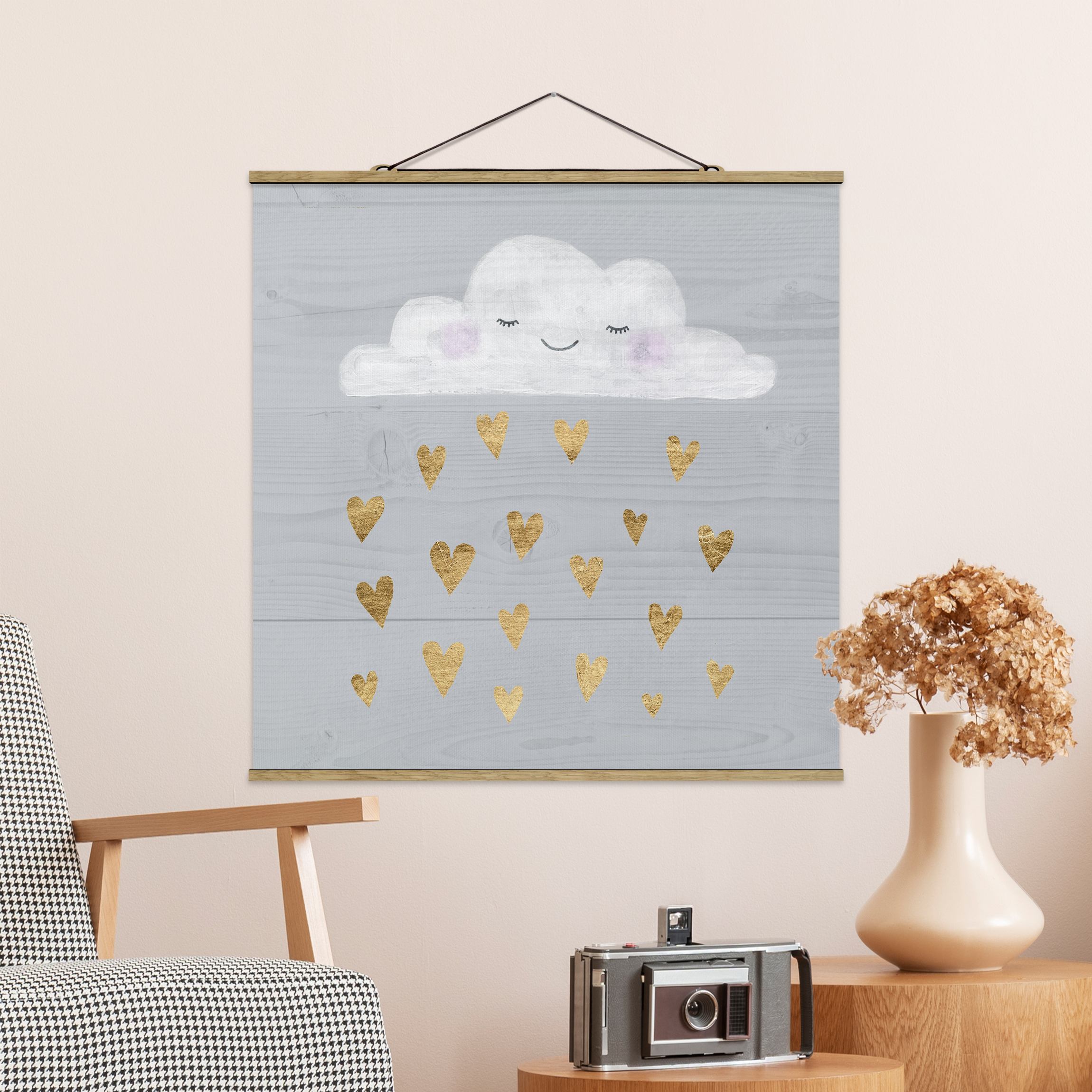 Stoffbild mit Posterleisten Wolke mit goldenen Herzen