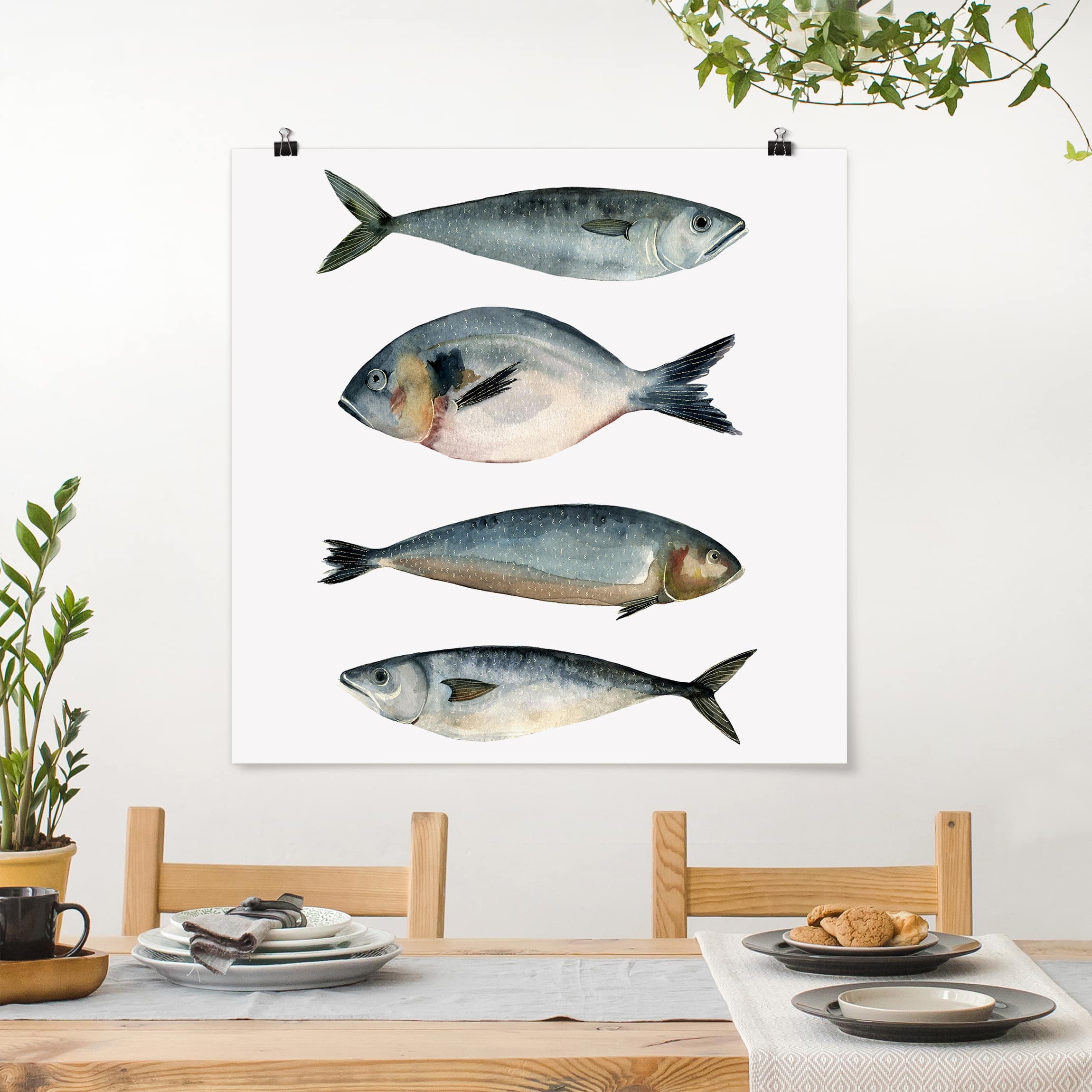 Poster - Quadrat Vier Fische in Aquarell II
