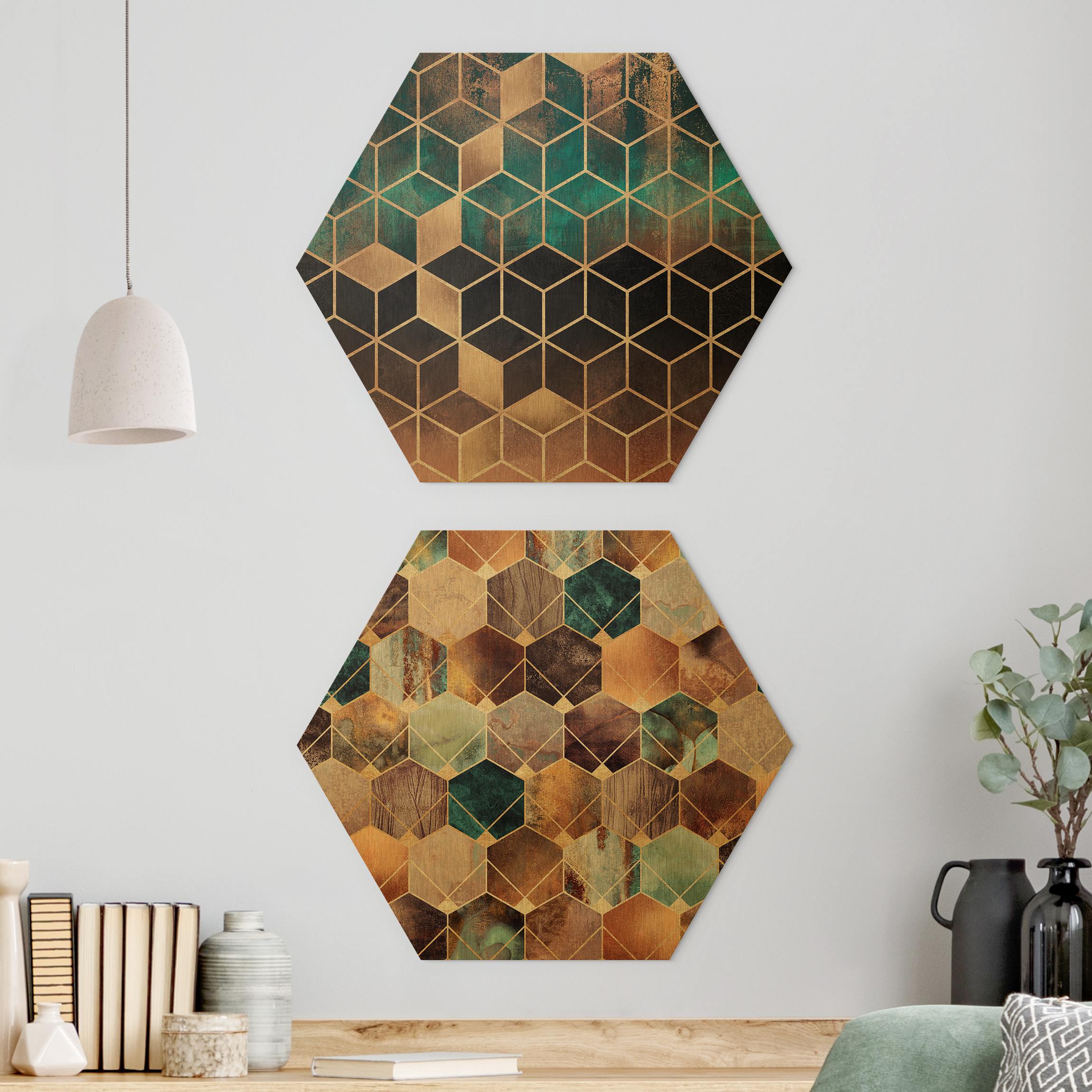 2-teiliges Hexagon-Alu-Dibond Bild Türkise Geometrie goldenes Art Deco Set